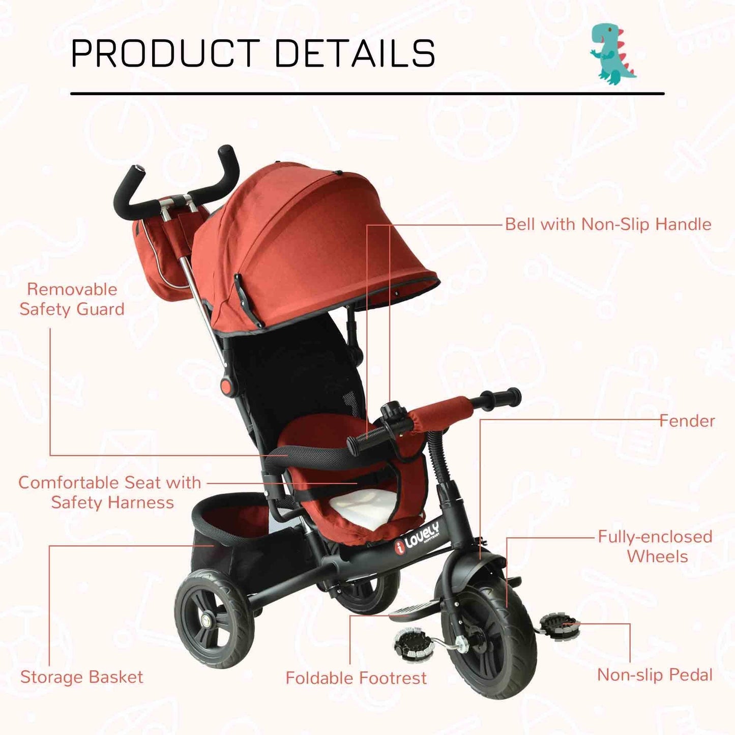 HOMCOM Red Tricycle for Babies - Canopy Included - ALL4U RETAILER LTD