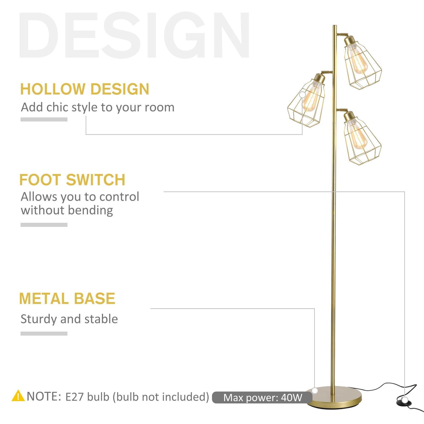 HOMCOM Retro Tree Floor Lamp: Adjustable Shade, Gold (165cm) - ALL4U RETAILER LTD