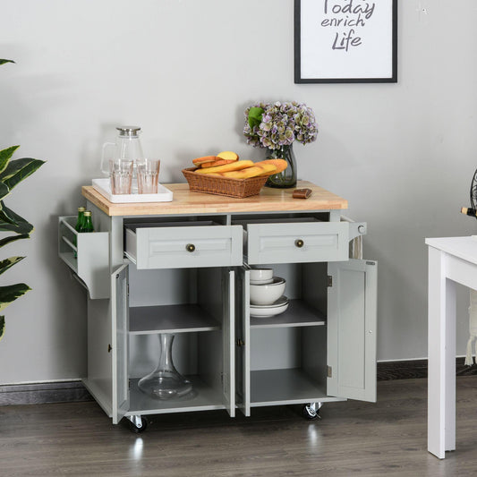 HOMCOM Rolling Grey Kitchen Trolley with Drawers & Wood Top - ALL4U RETAILER LTD