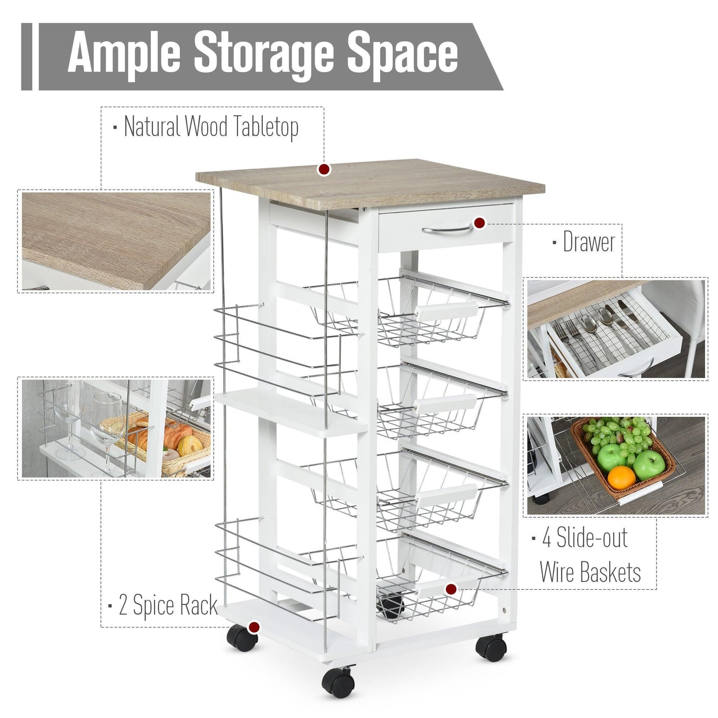 HOMCOM Rolling Kitchen Cart with 4 Basket Drawers - Brown - ALL4U RETAILER LTD