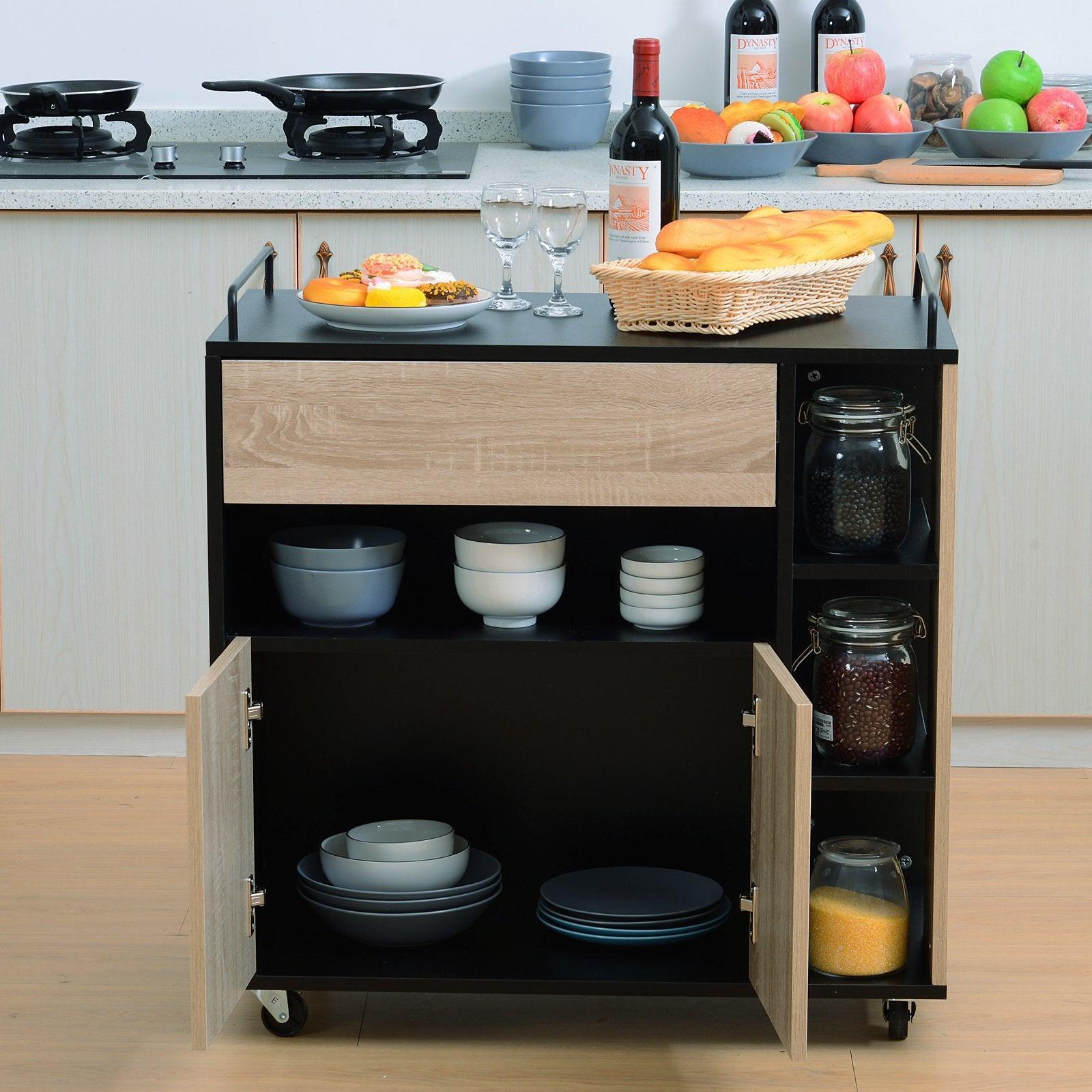 HOMCOM Rolling Oak/Black Kitchen Island 60x40x82 cm - ALL4U RETAILER LTD