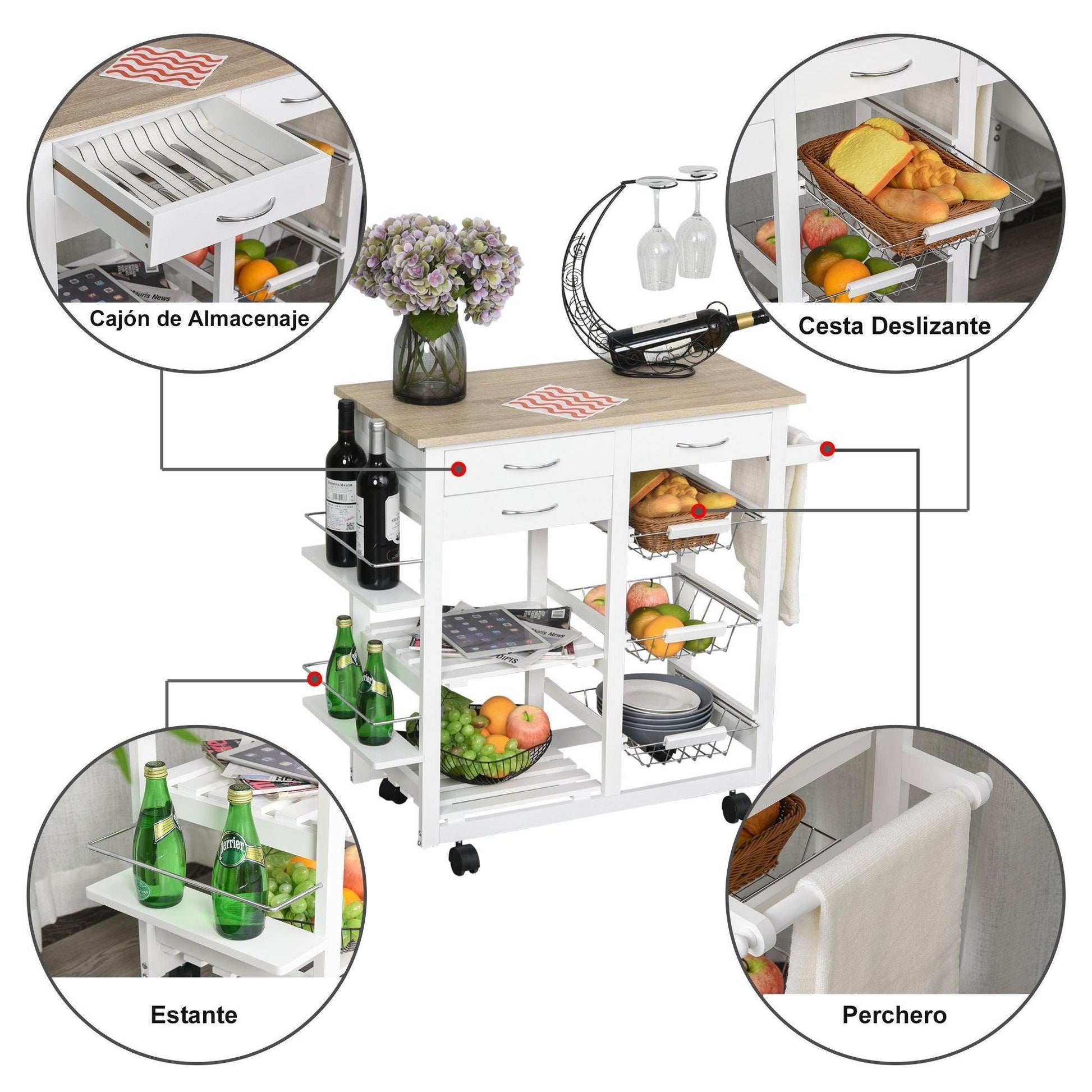 HOMCOM Rolling Kitchen Island with Spice Racks & Drawers - ALL4U RETAILER LTD