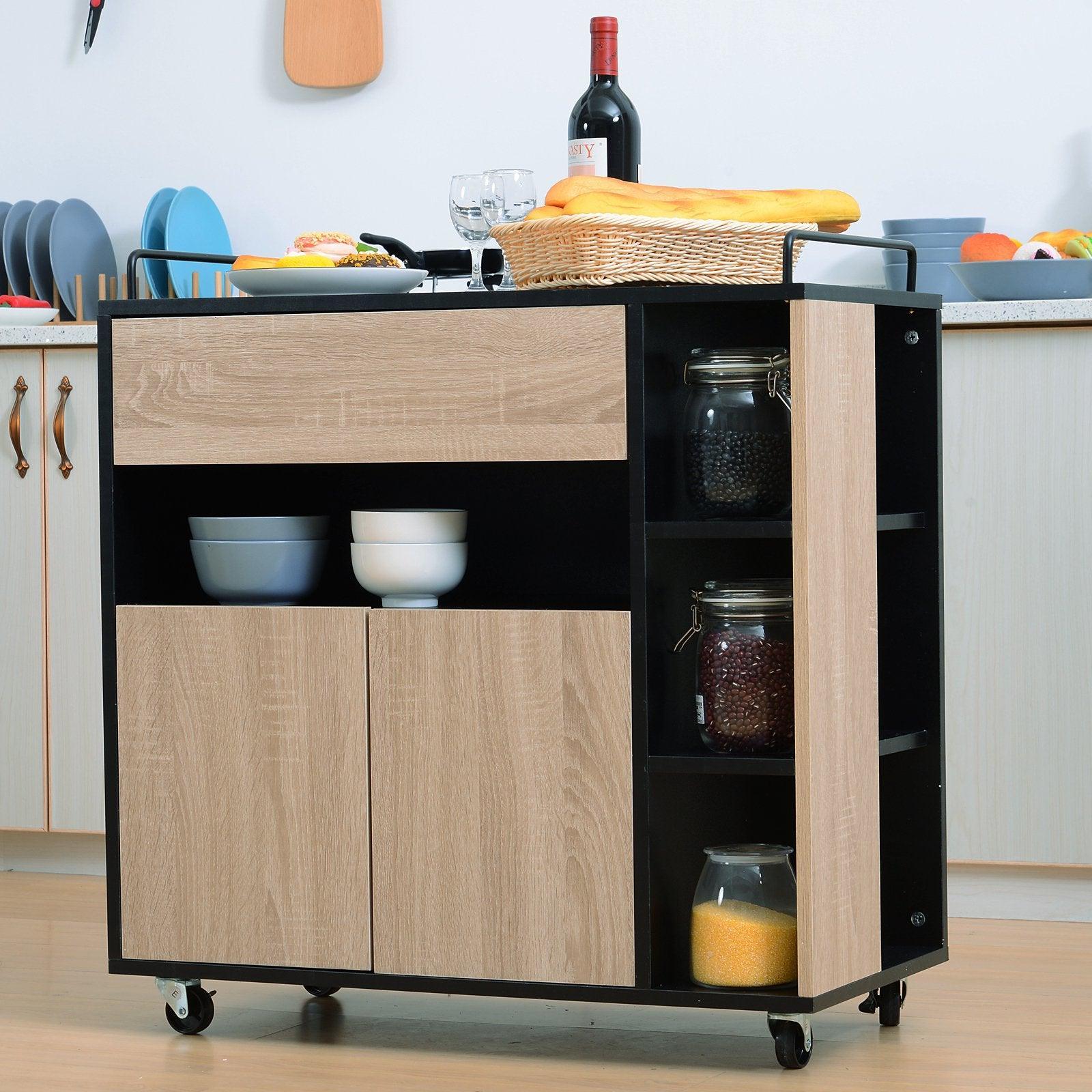 HOMCOM Rolling Oak/Black Kitchen Island 60x40x82 cm - ALL4U RETAILER LTD