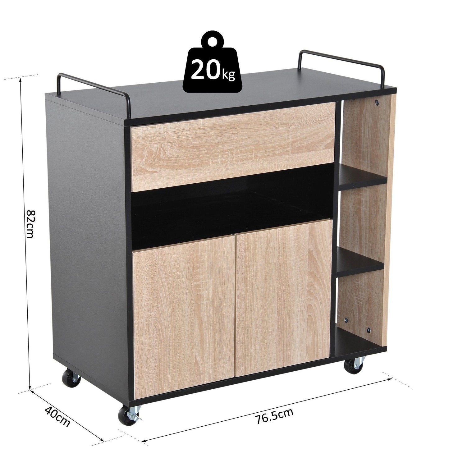 HOMCOM Rolling Oak/Black Kitchen Island 60x40x82 cm - ALL4U RETAILER LTD