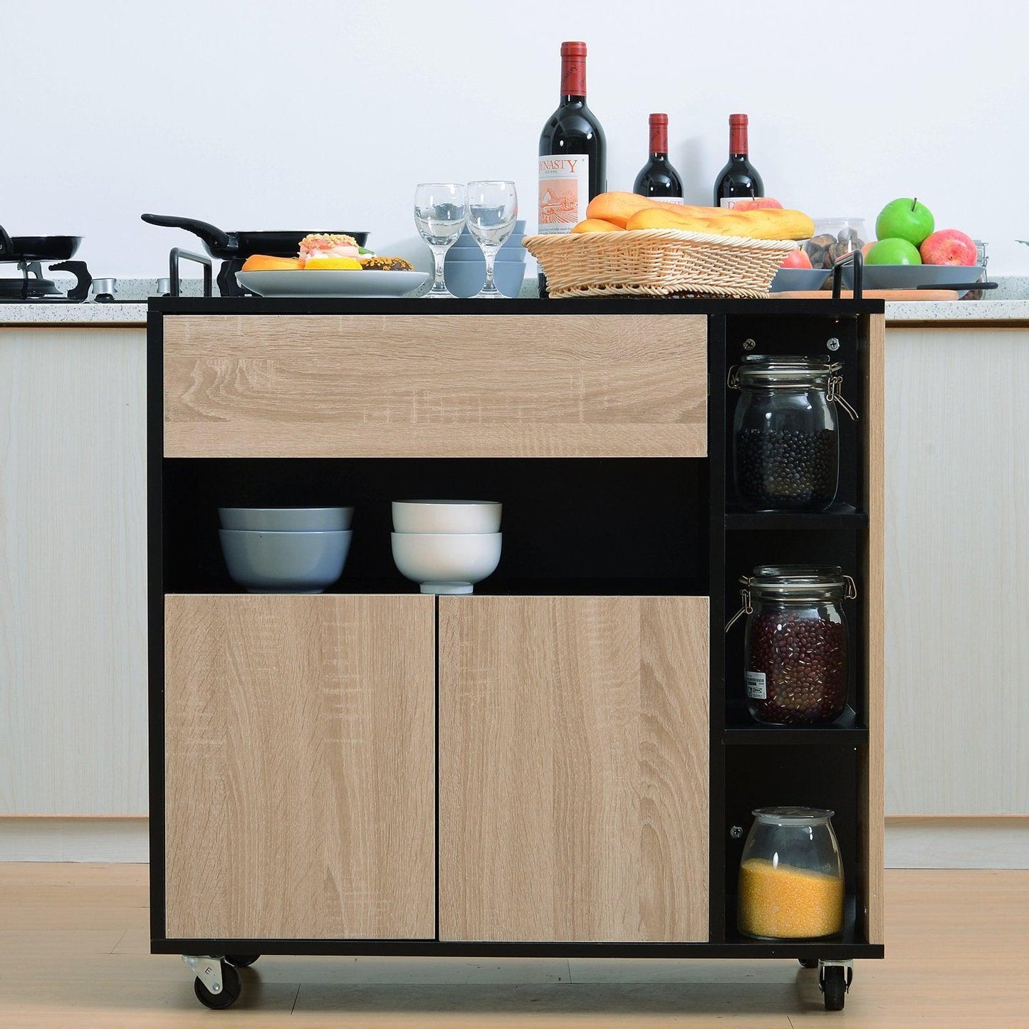 HOMCOM Rolling Oak/Black Kitchen Island 60x40x82 cm - ALL4U RETAILER LTD