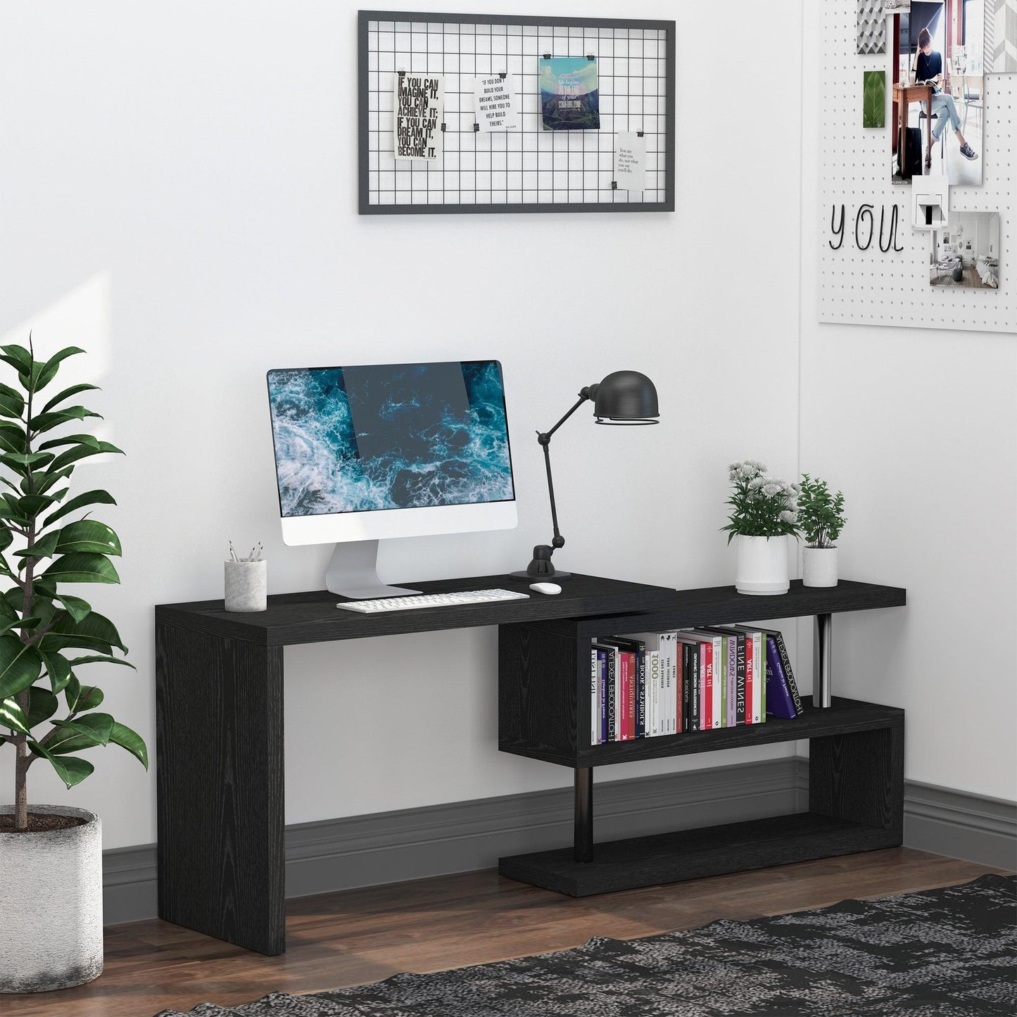 HOMCOM Rotating L-Shaped Computer Desk with Shelf - Black - ALL4U RETAILER LTD