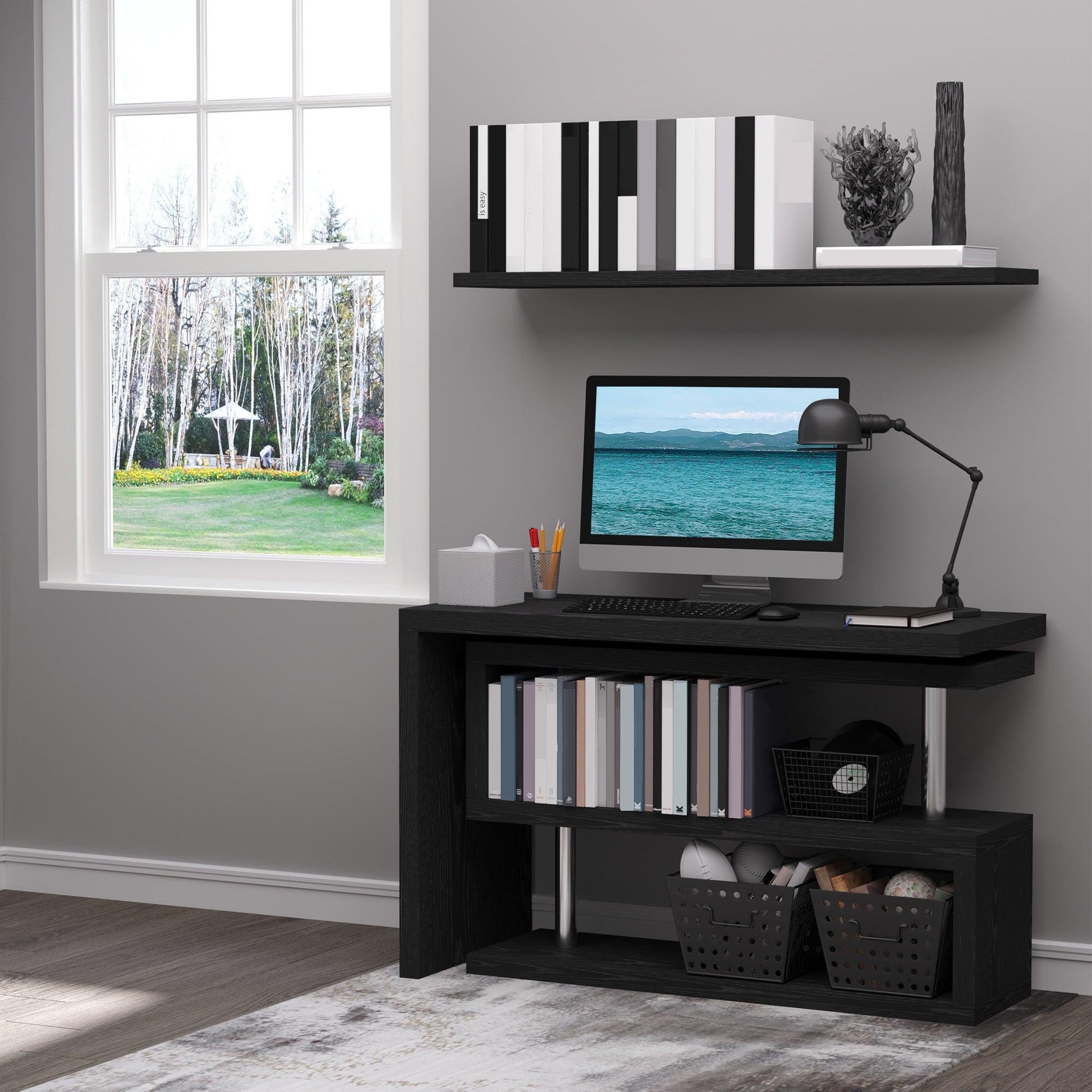 HOMCOM Rotating L-Shaped Computer Desk with Shelf - Black - ALL4U RETAILER LTD