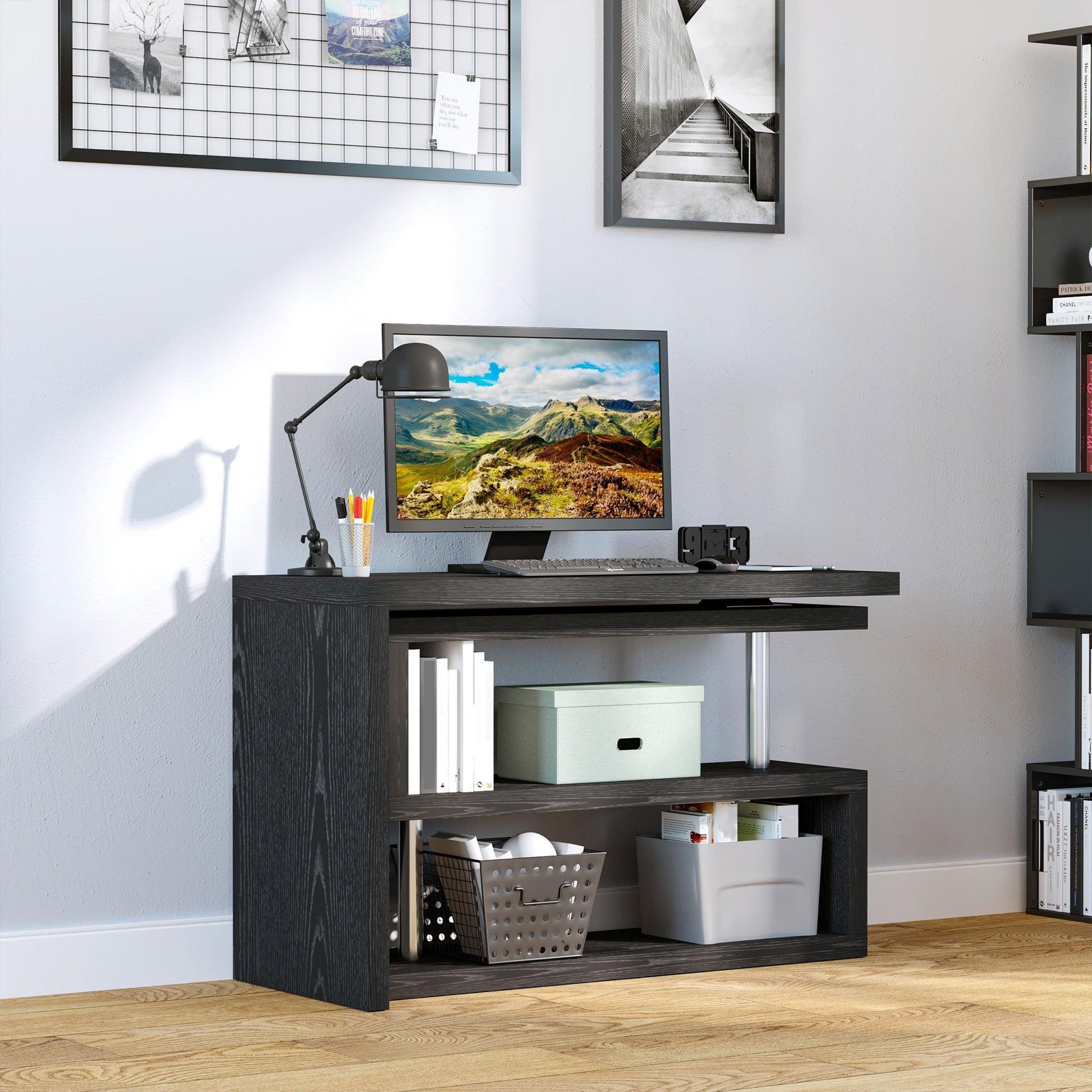 HOMCOM Rotating L-Shaped Computer Desk with Shelf - Black - ALL4U RETAILER LTD