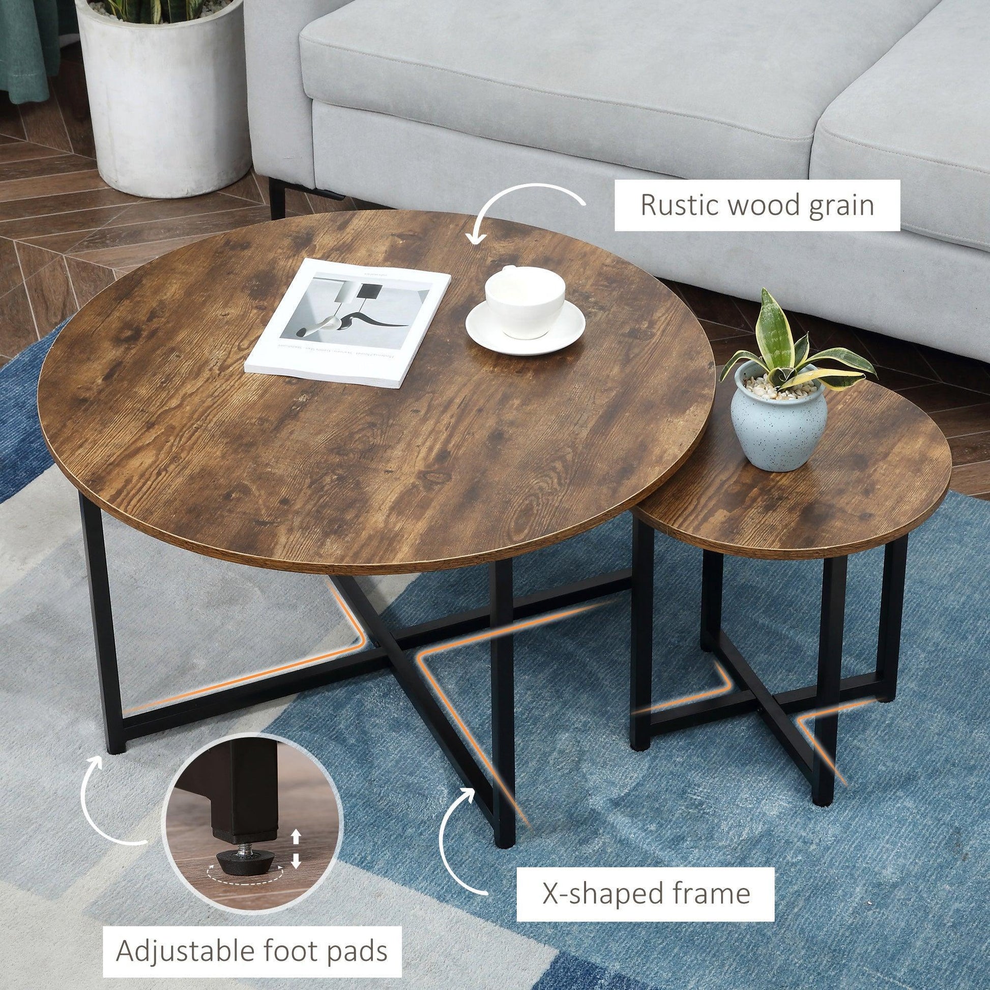 HOMCOM Rustic Brown Coffee Table Set - 2 Nesting Tables - ALL4U RETAILER LTD