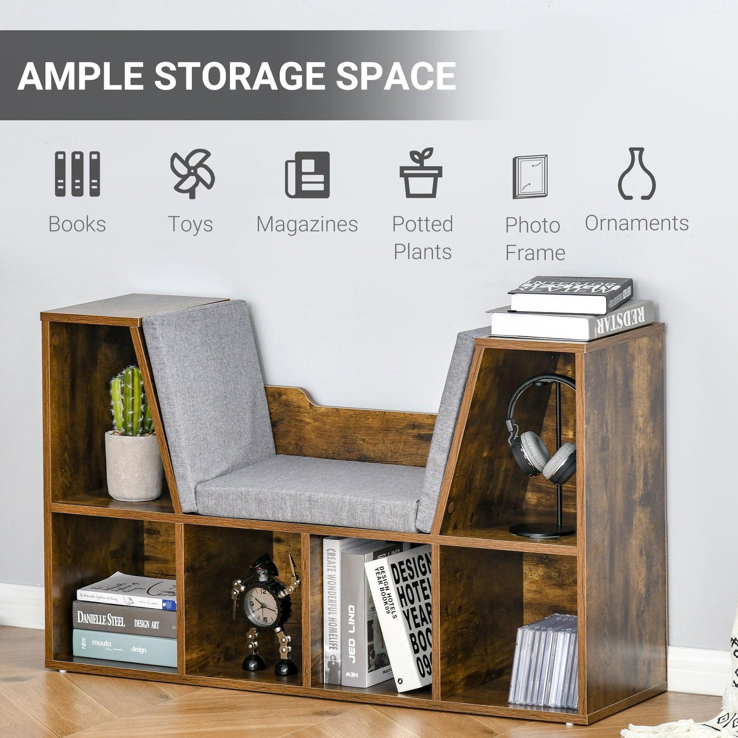 HOMCOM Rustic Brown Bookcase Seat: Simple & Stylish Storage - ALL4U RETAILER LTD