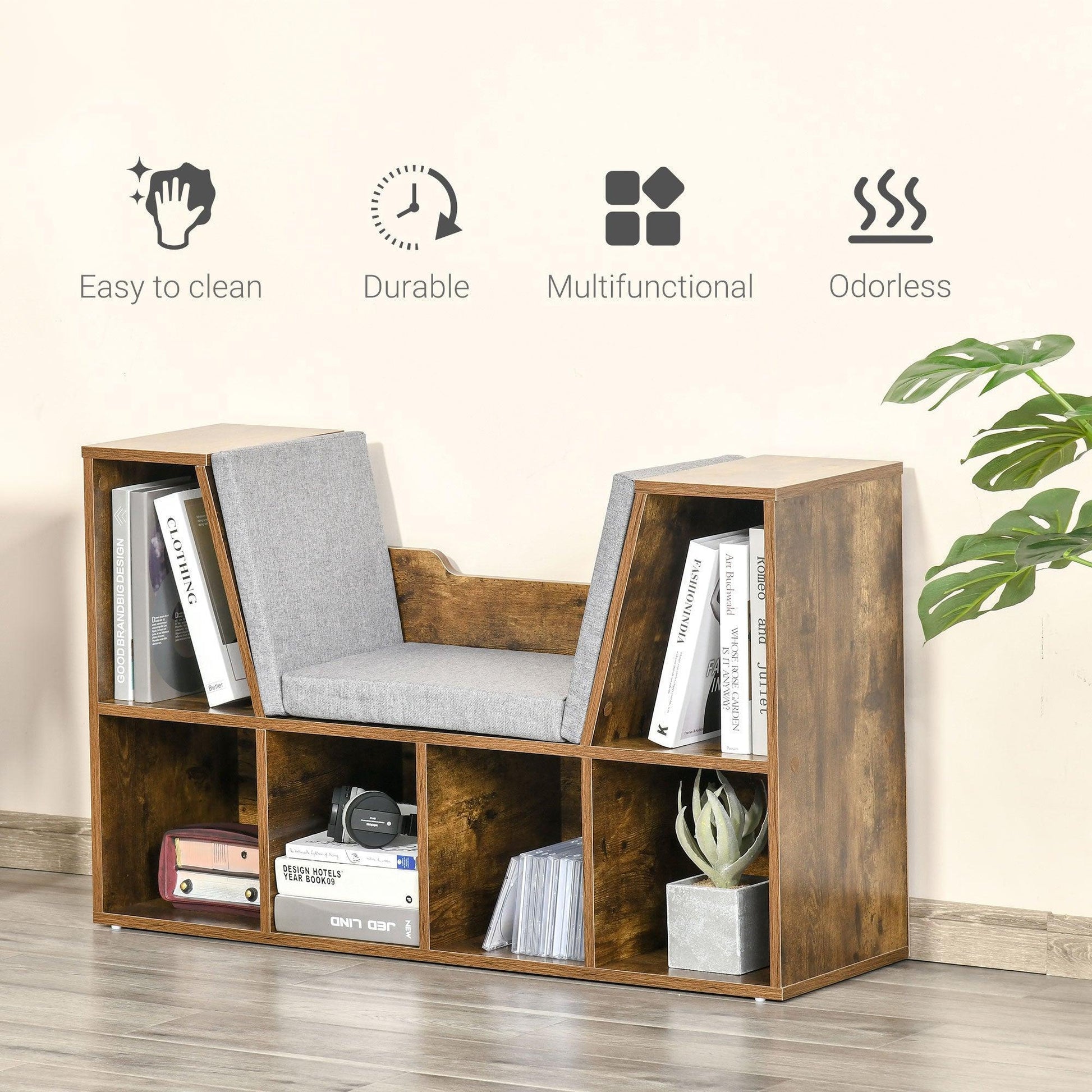 HOMCOM Rustic Brown Bookcase Seat: Simple & Stylish Storage - ALL4U RETAILER LTD