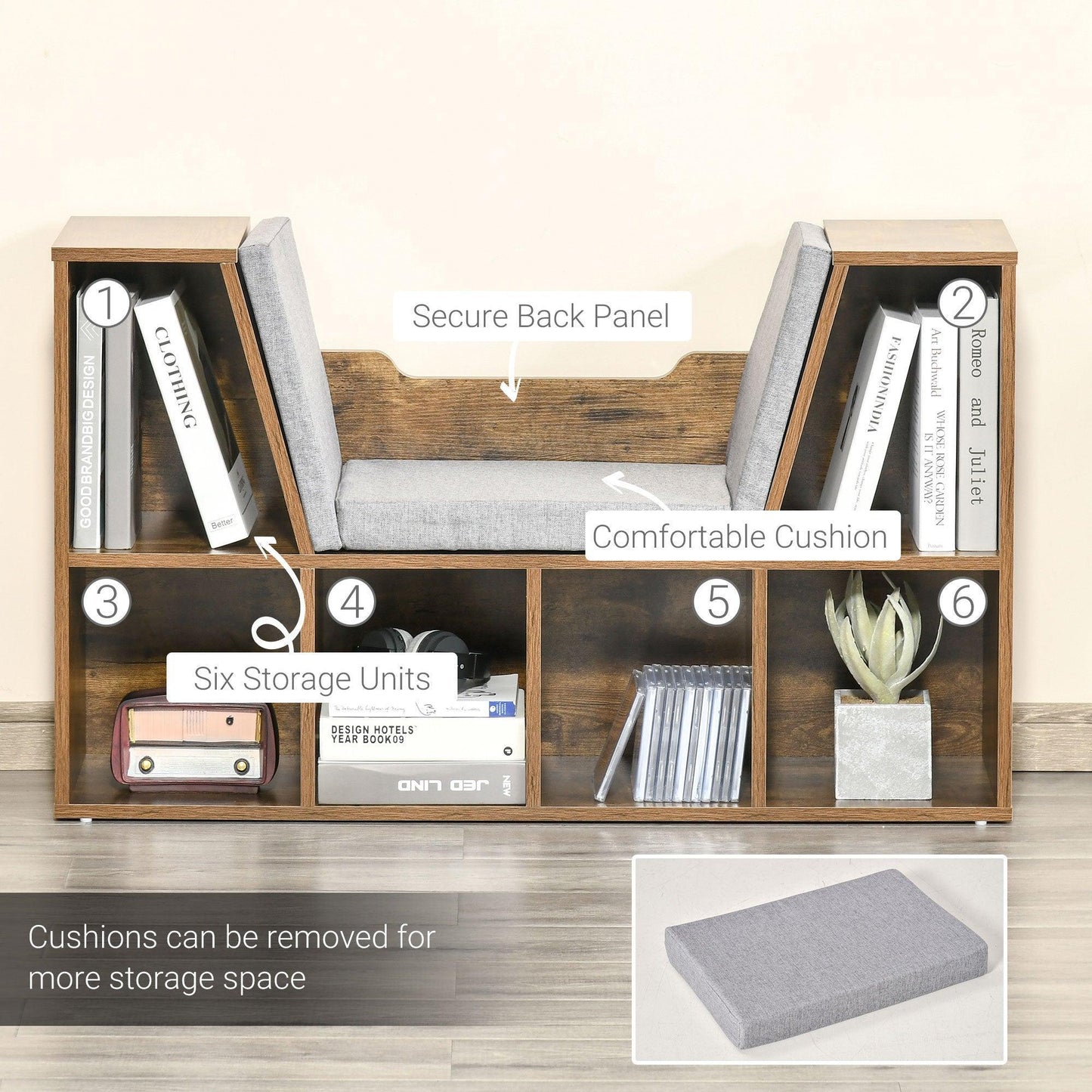 HOMCOM Rustic Brown Bookcase Seat: Simple & Stylish Storage - ALL4U RETAILER LTD