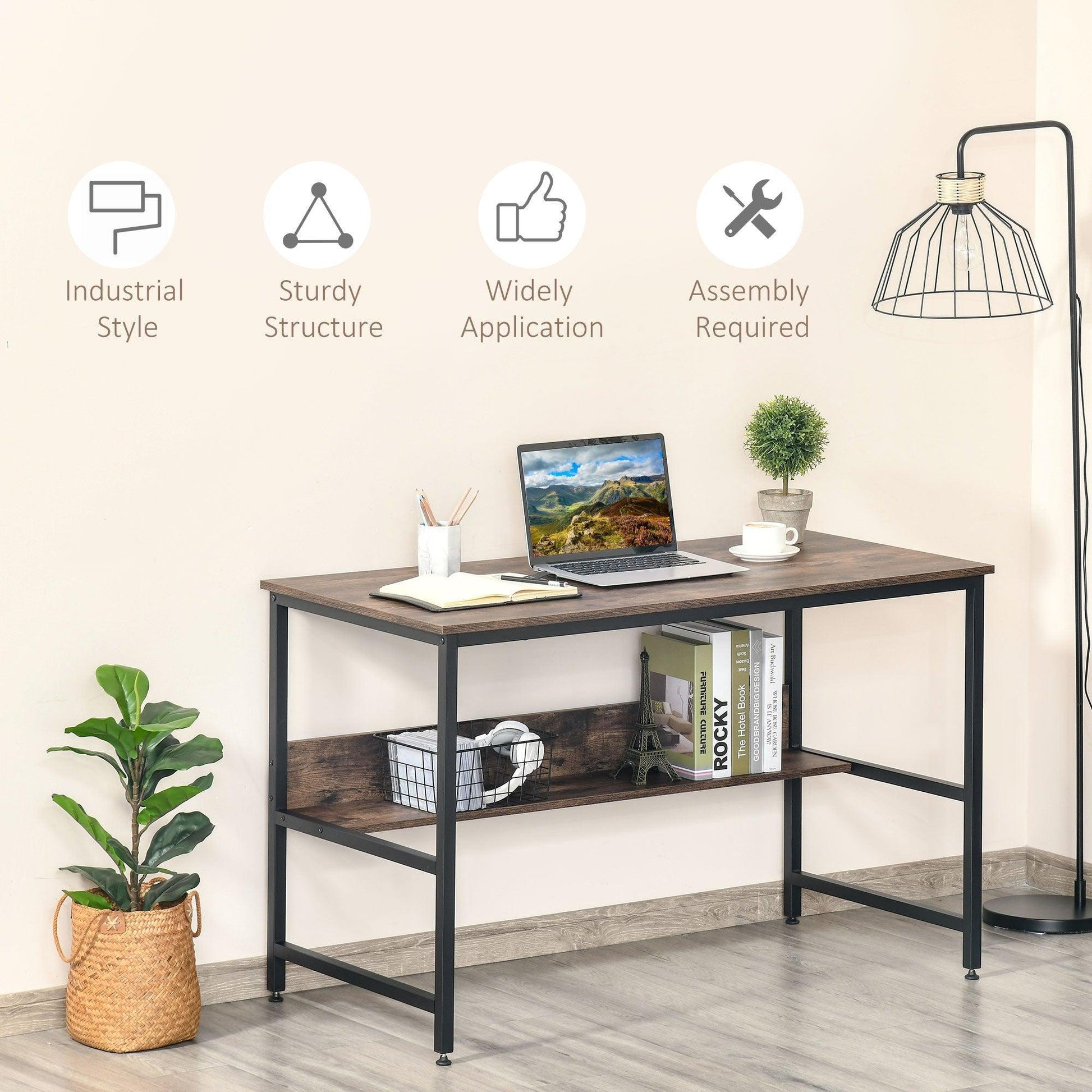 HOMCOM Rustic Brown Computer Desk with Shelf - ALL4U RETAILER LTD