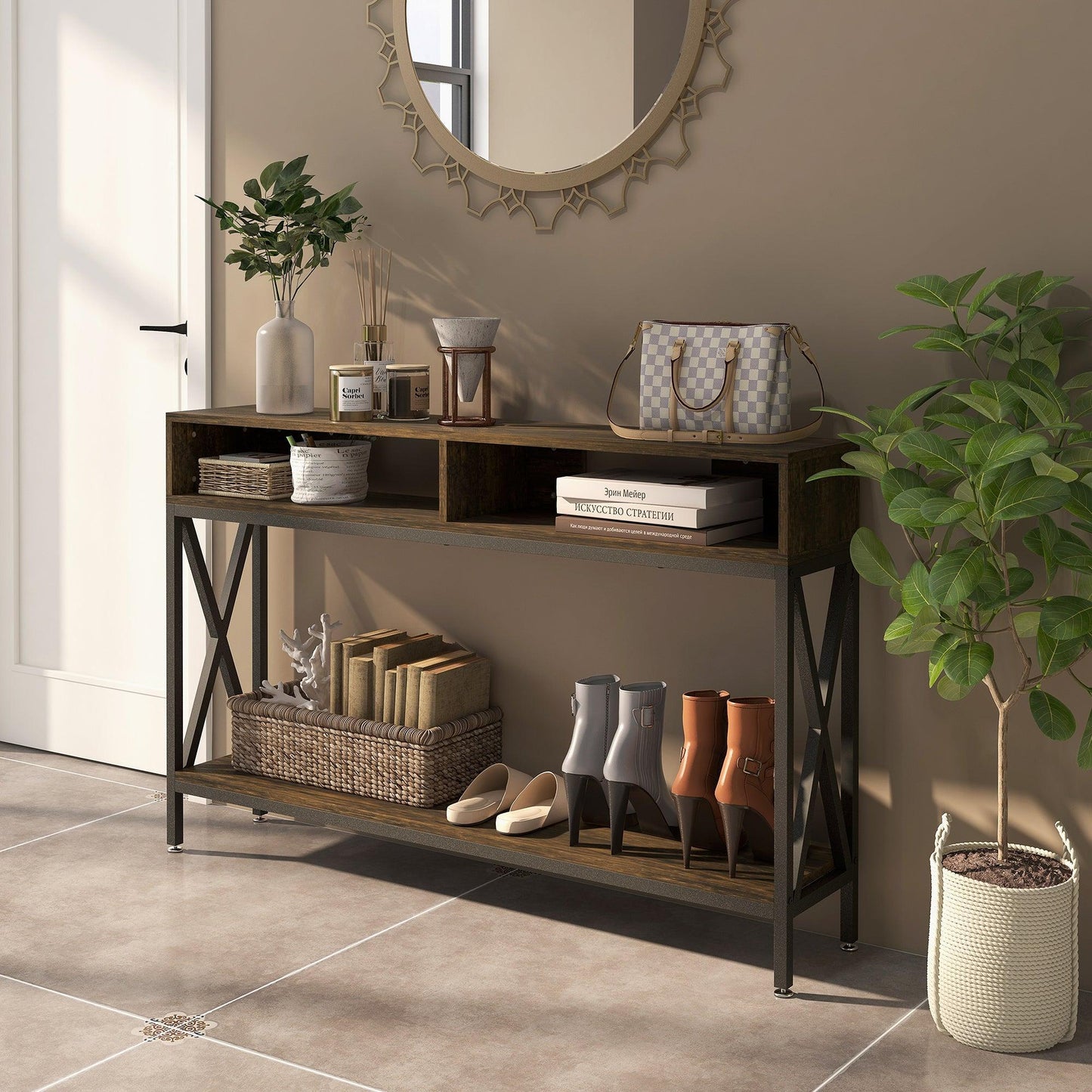 HOMCOM Rustic Brown Console Table with 3 Compartments - ALL4U RETAILER LTD