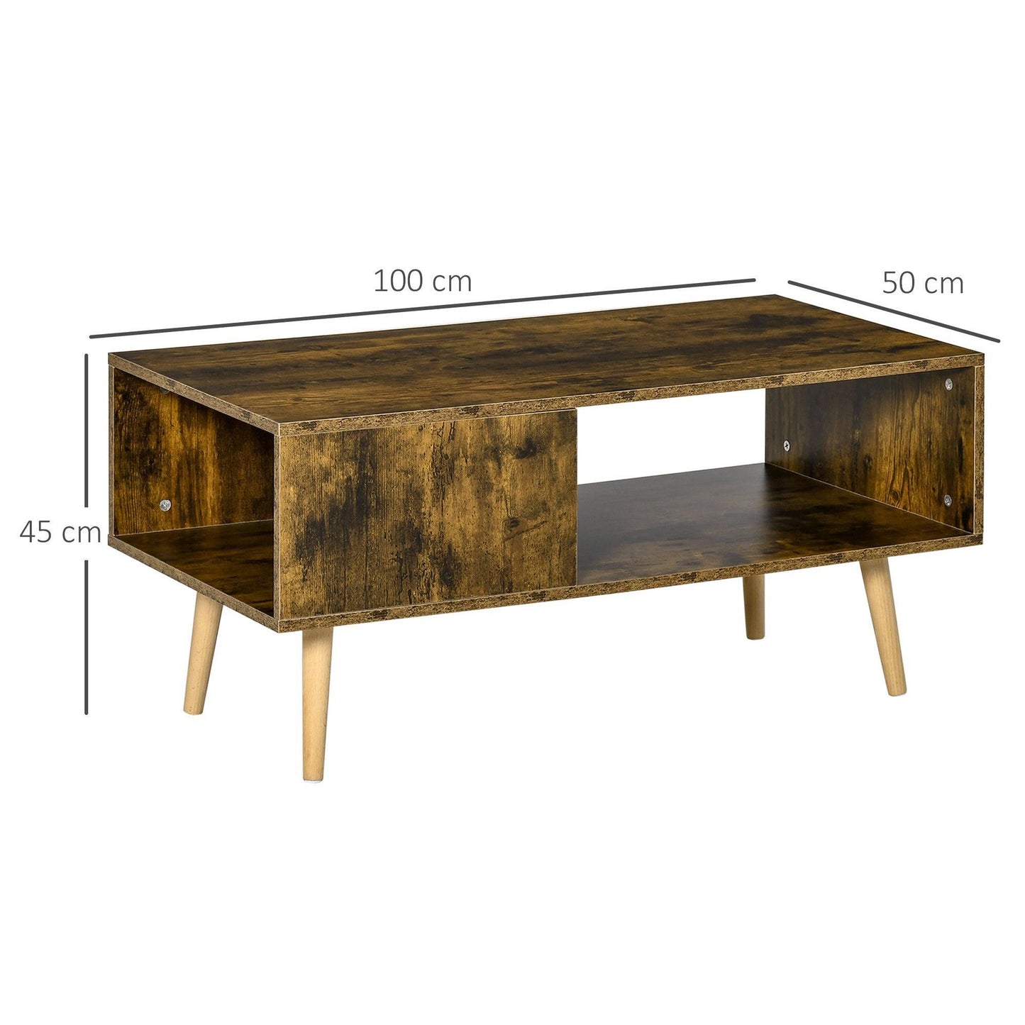 HOMCOM Rustic Brown Open Storage Coffee Table with Solid Wood Legs - ALL4U RETAILER LTD