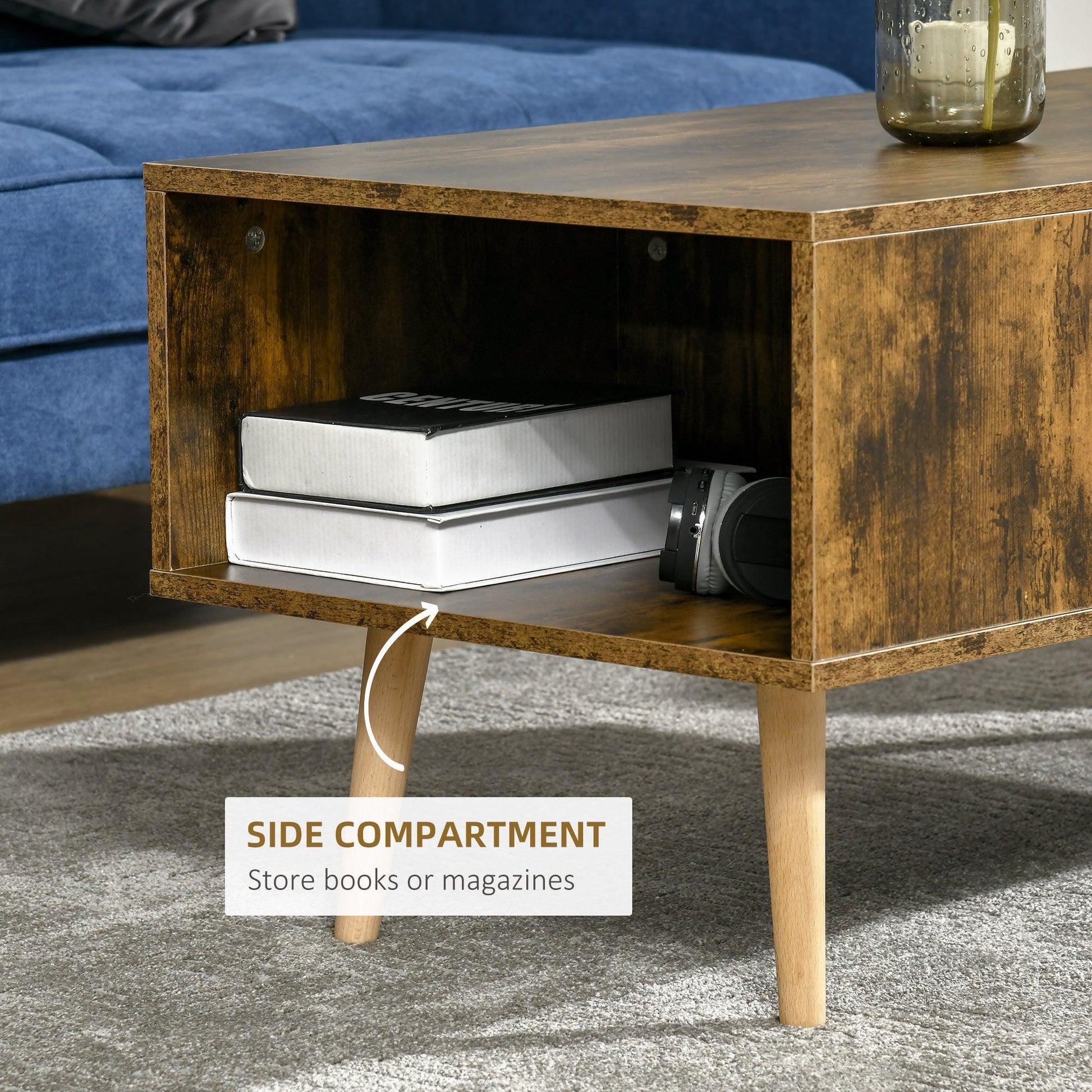 HOMCOM Rustic Brown Open Storage Coffee Table with Solid Wood Legs - ALL4U RETAILER LTD