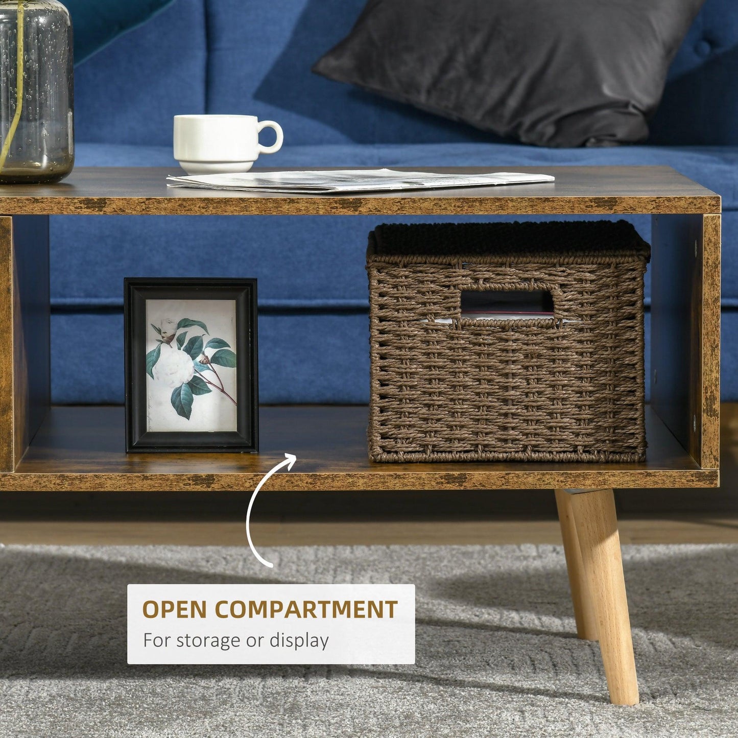 HOMCOM Rustic Brown Open Storage Coffee Table with Solid Wood Legs - ALL4U RETAILER LTD