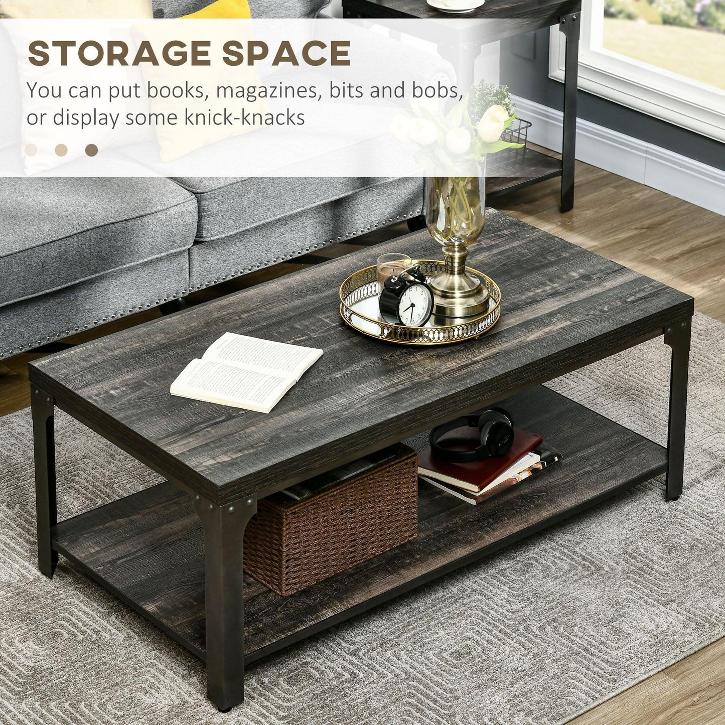 HOMCOM Rustic Coffee Table with Storage Shelf - Dark Walnut - ALL4U RETAILER LTD