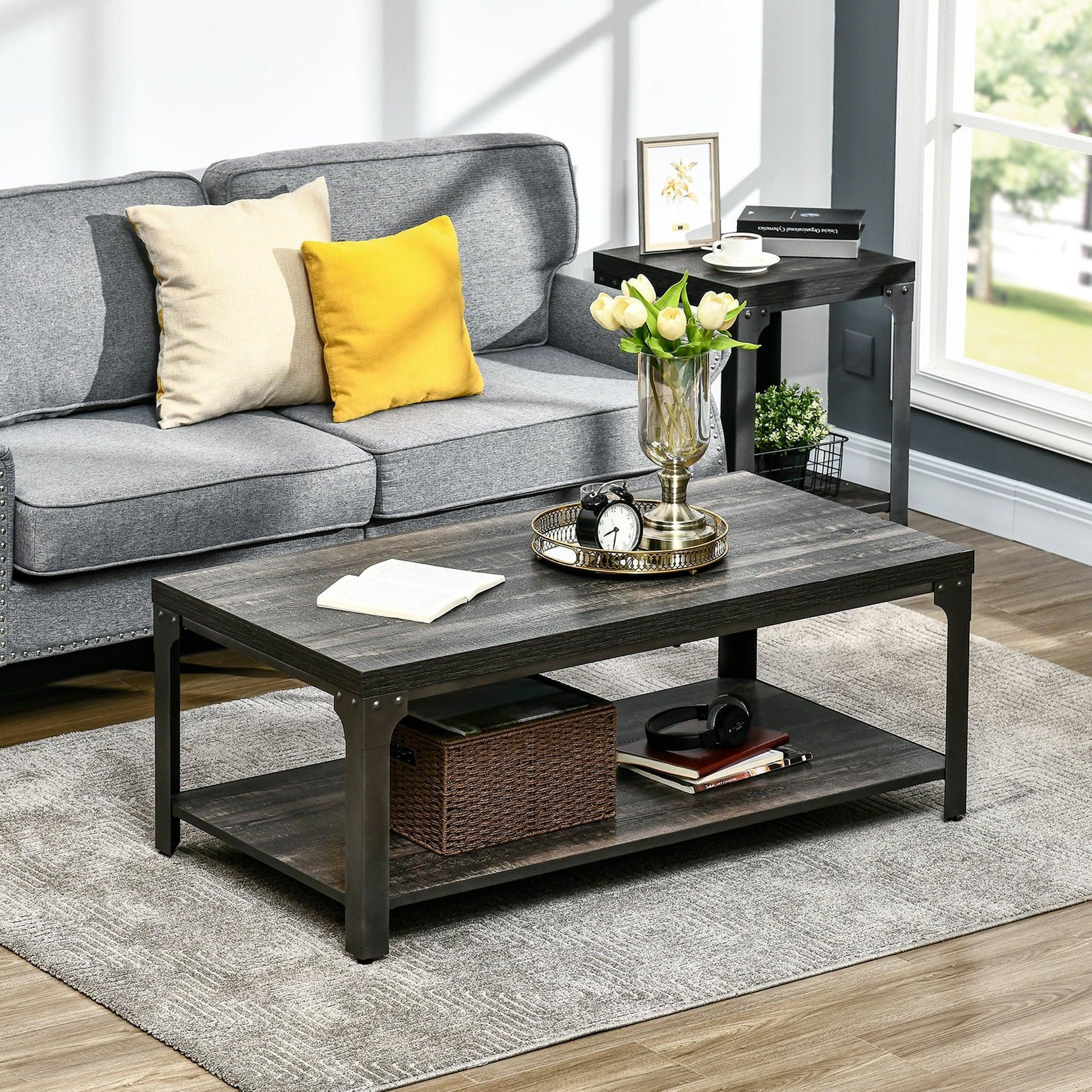 HOMCOM Rustic Coffee Table with Storage Shelf - Dark Walnut - ALL4U RETAILER LTD