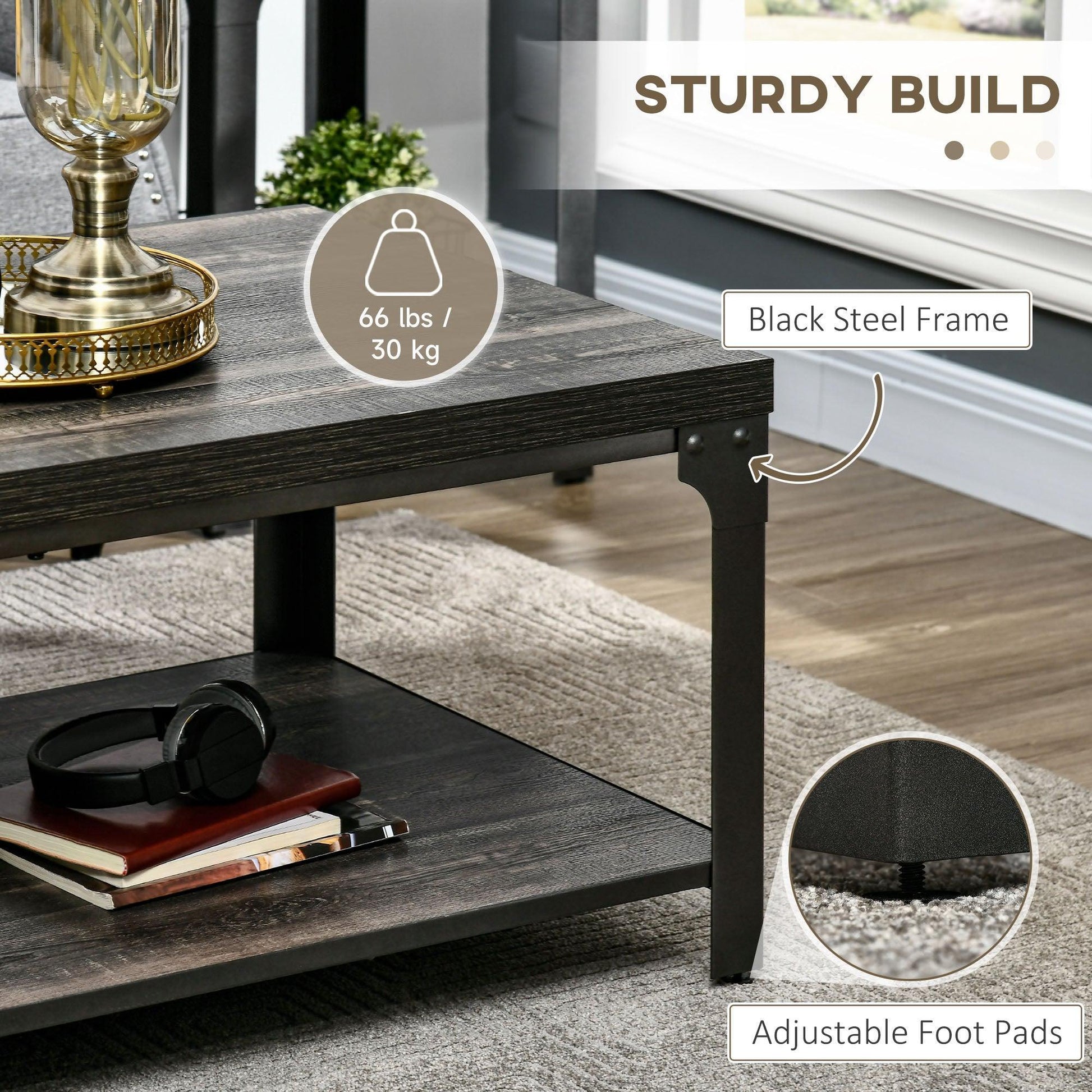 HOMCOM Rustic Coffee Table with Storage Shelf - Dark Walnut - ALL4U RETAILER LTD