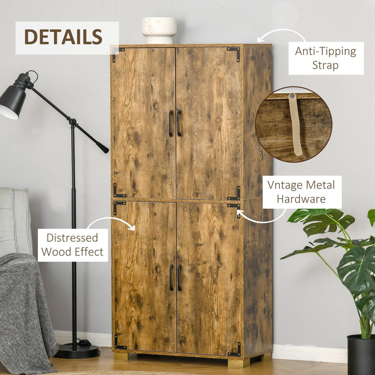 HOMCOM Rustic Wood Tall Cupboard - 4-Door Cabinet - ALL4U RETAILER LTD