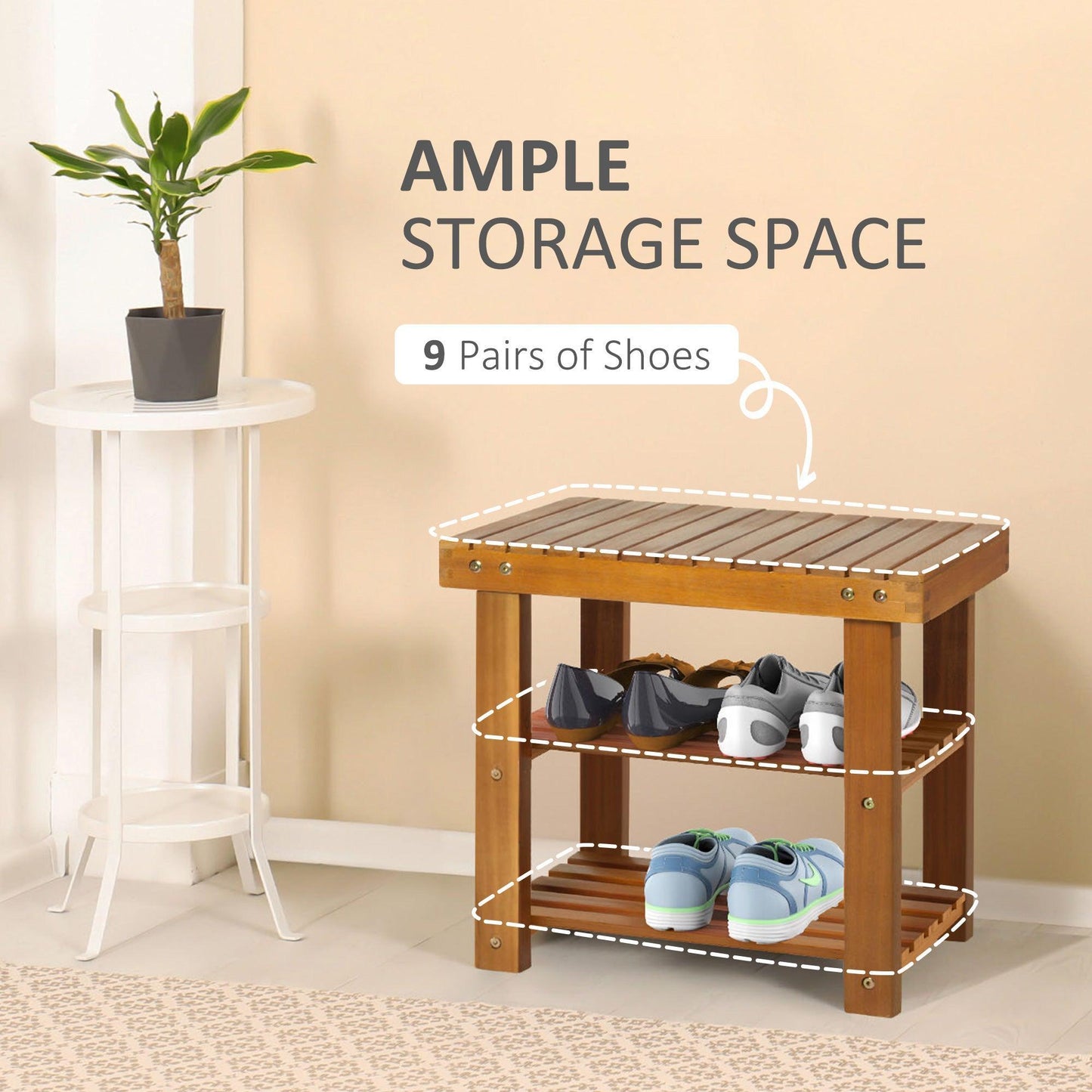 HOMCOM Shoe Bench: Acacia Wood, 3-Tier Storage - ALL4U RETAILER LTD