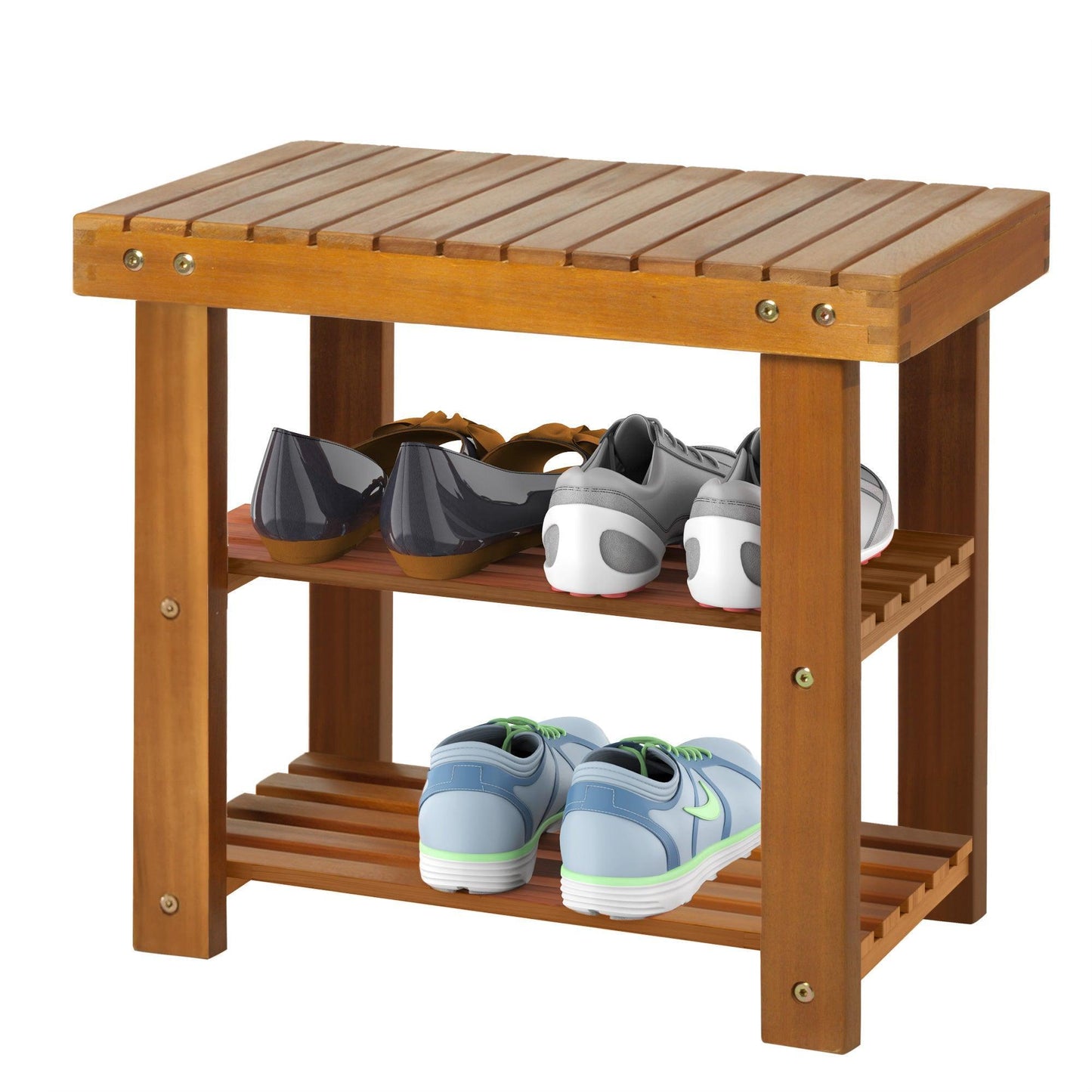 HOMCOM Shoe Bench: Acacia Wood, 3-Tier Storage - ALL4U RETAILER LTD