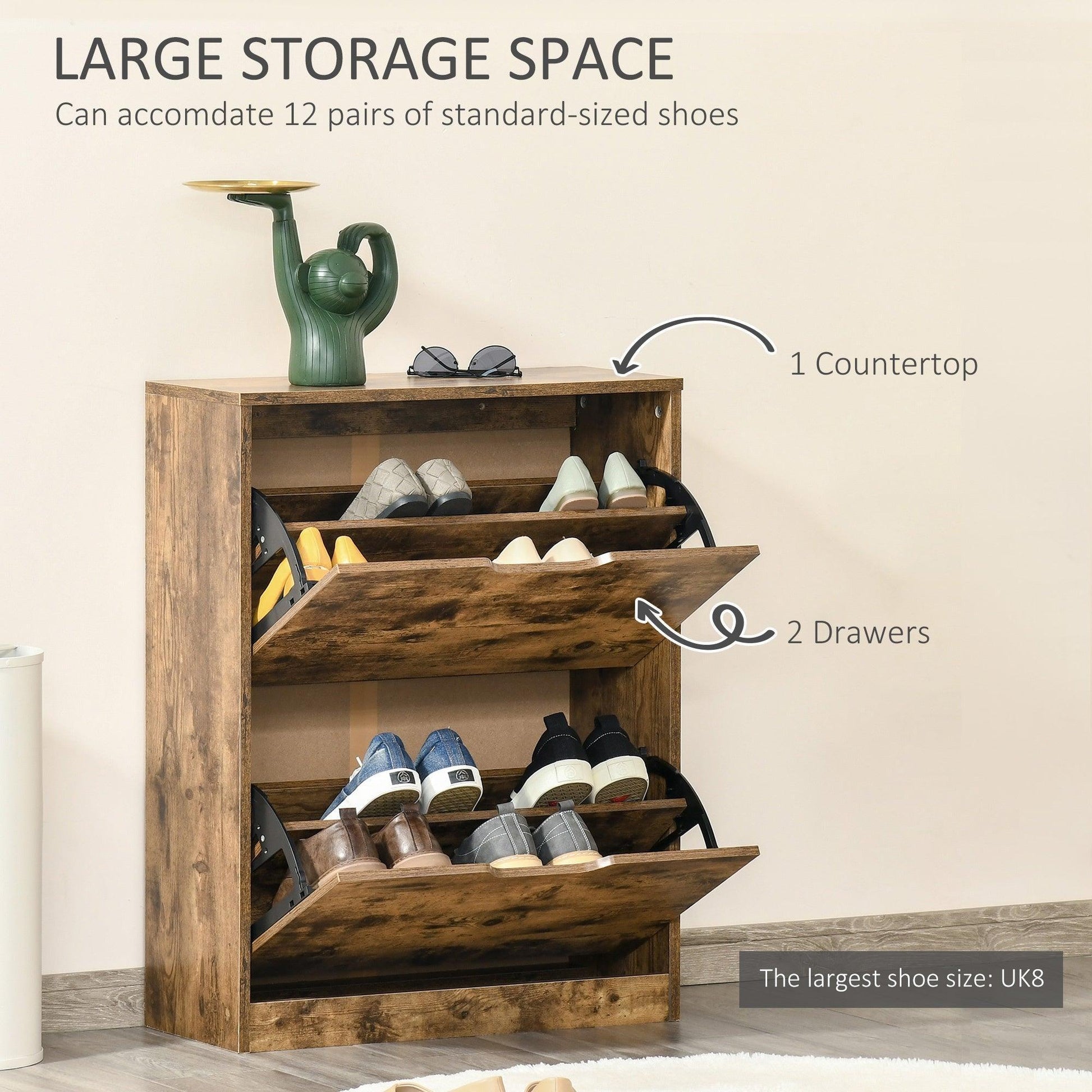HOMCOM Shoe Cabinet - Rustic Brown, 2 Drawers, Adjustable Shelf - ALL4U RETAILER LTD