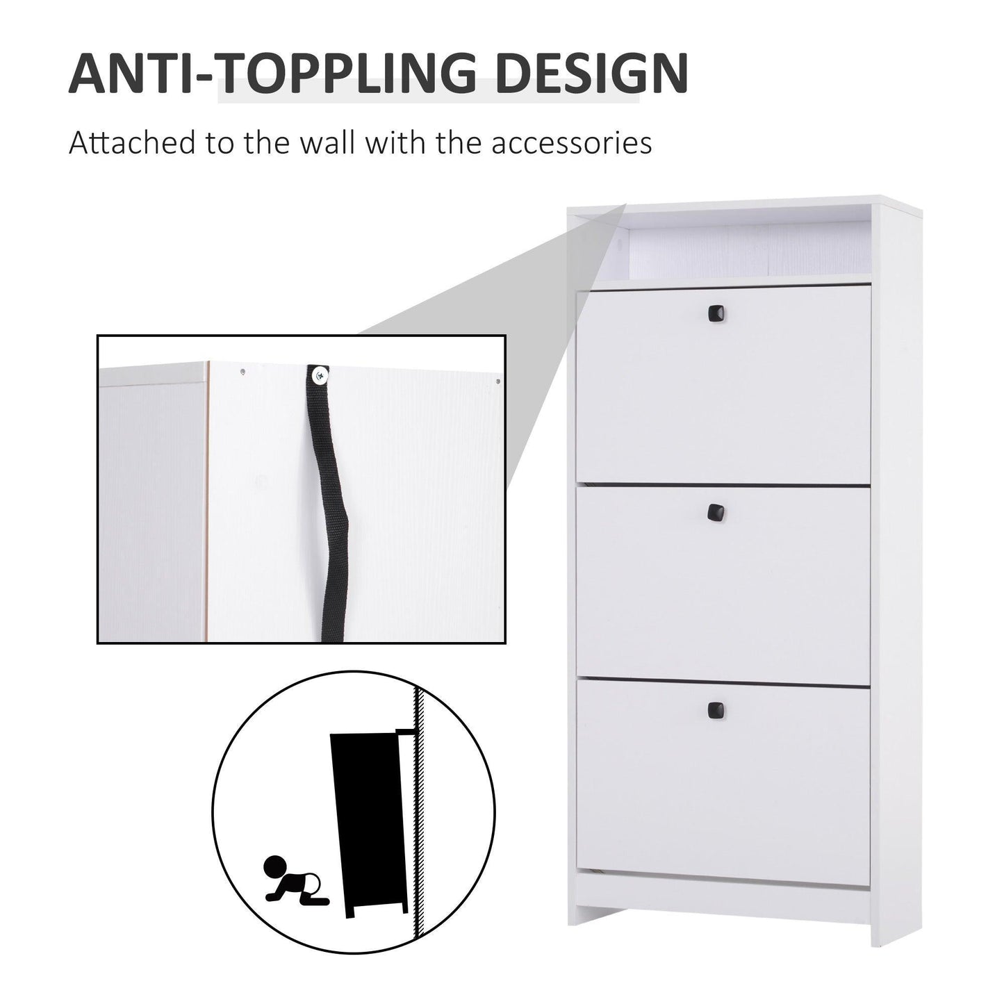 HOMCOM Shoe Storage Cabinet: 3 Drawers, Chipboard - White - ALL4U RETAILER LTD