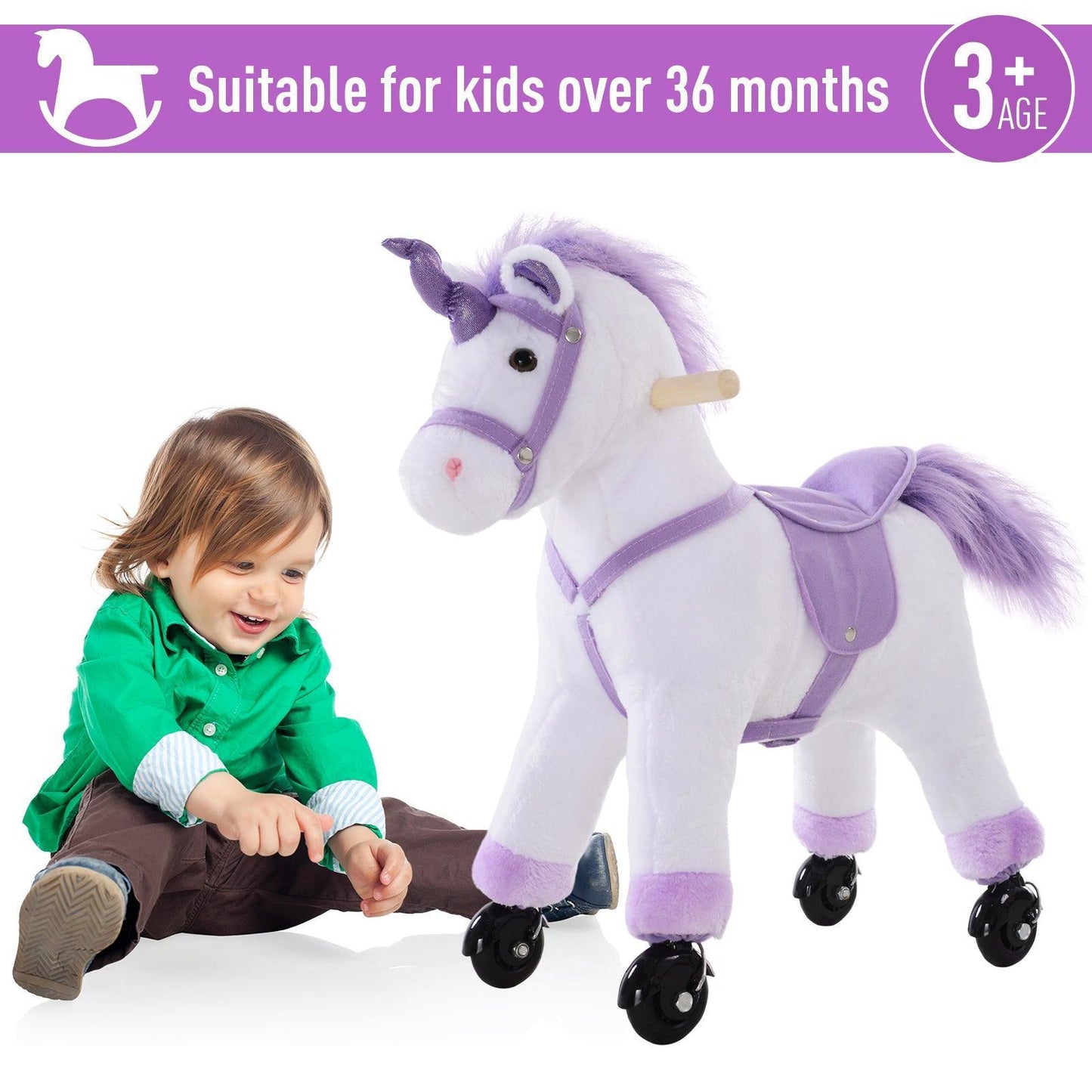 HOMCOM Sit-On Unicorn Horse Plush with Wheels - Safe and Fun - ALL4U RETAILER LTD