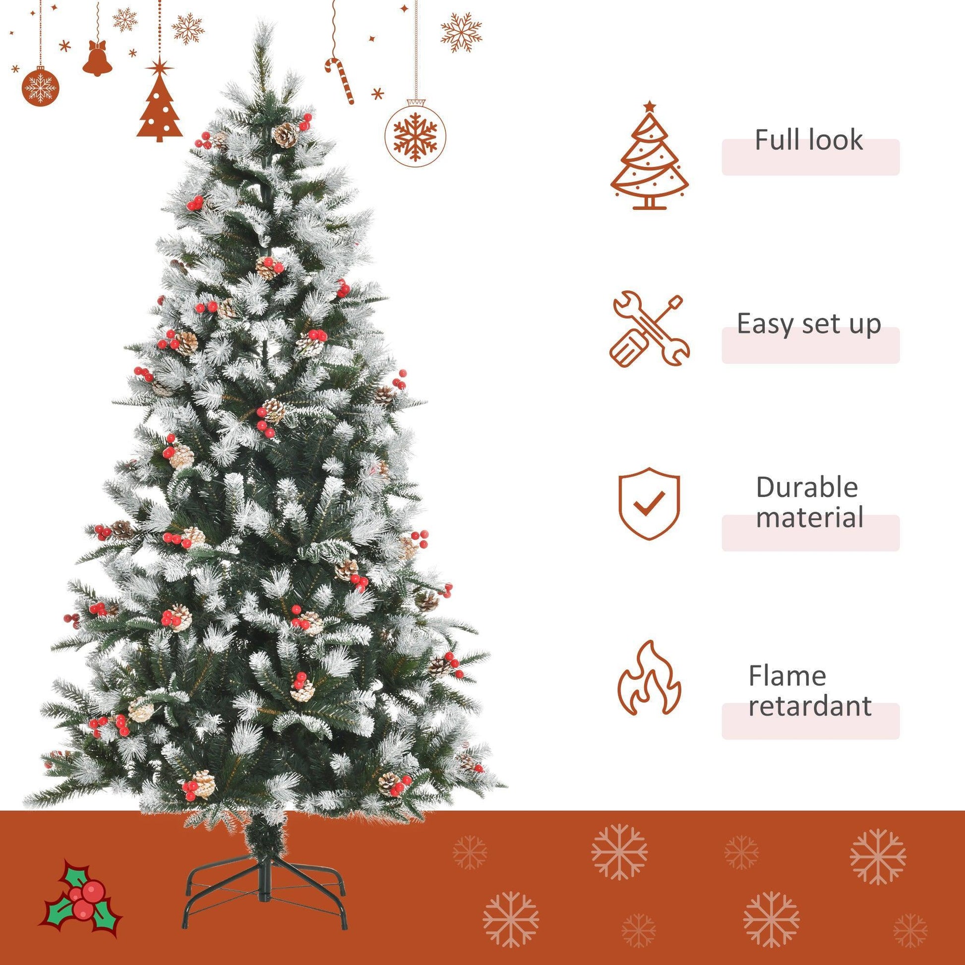 HOMCOM Snowy Christmas Tree with Berries and Pinecones - ALL4U RETAILER LTD