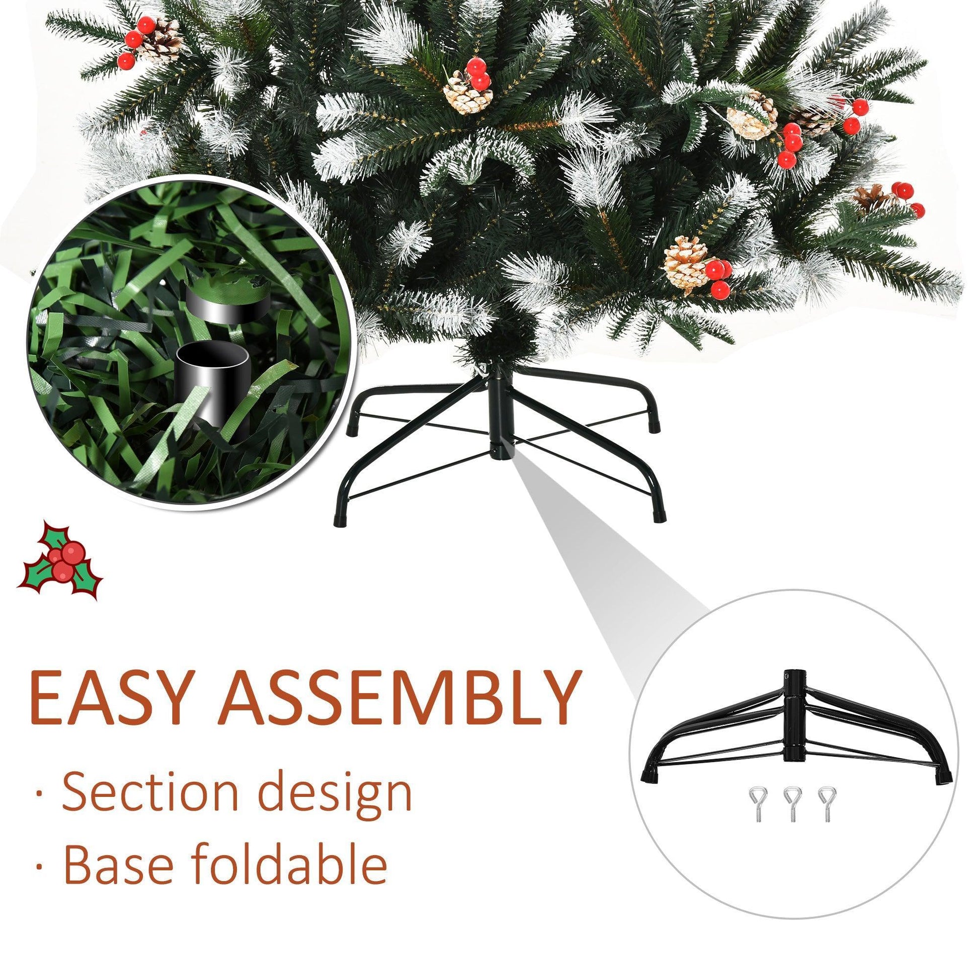 HOMCOM Snowy Christmas Tree with Berries and Pinecones - ALL4U RETAILER LTD