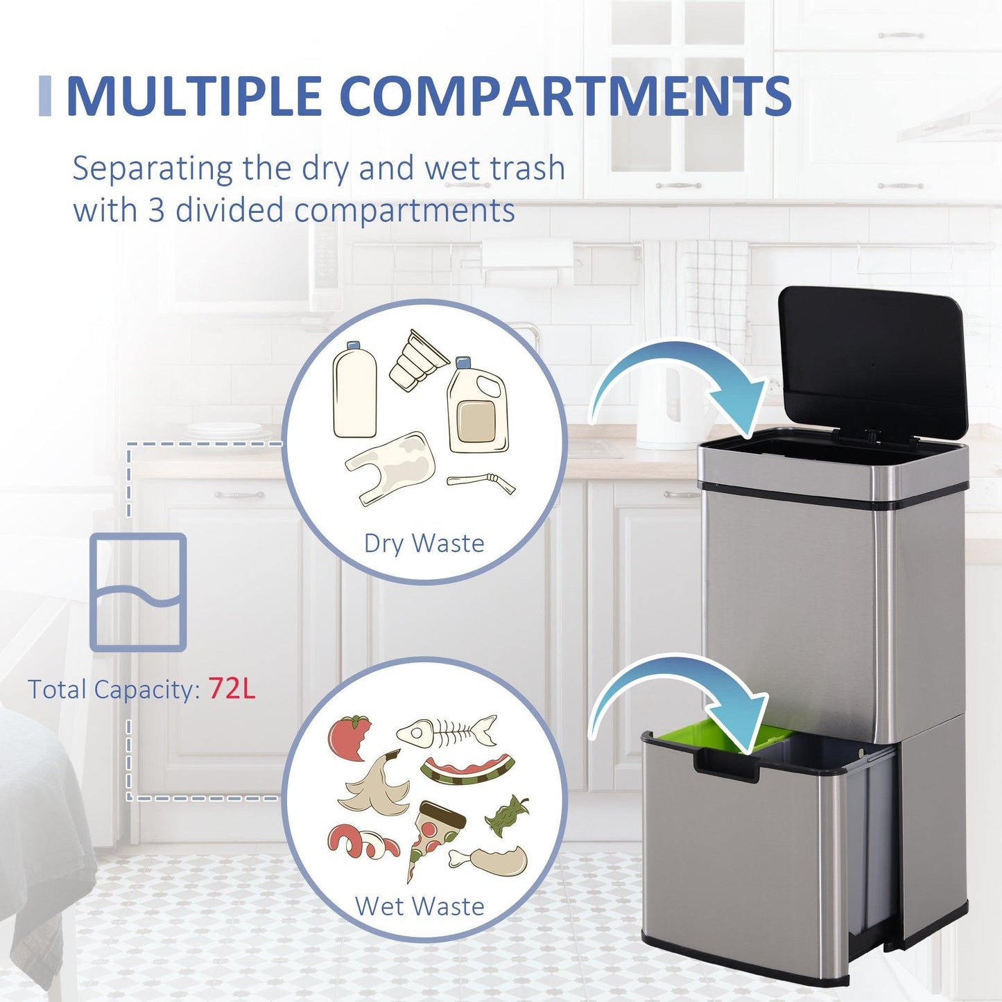 HOMCOM Stainless Steel 3-Compartment Recycling Bin - ALL4U RETAILER LTD