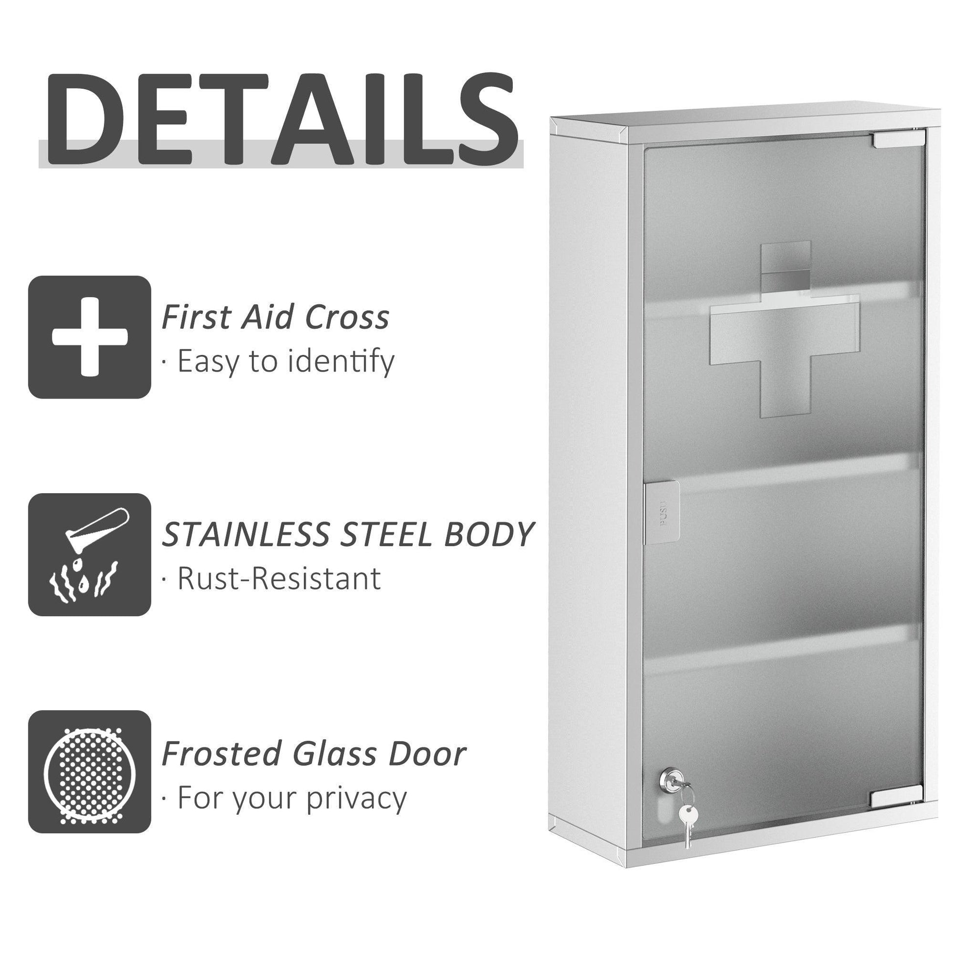 HOMCOM Stainless Steel Medicine Cabinet: Lockable & Glass Door - ALL4U RETAILER LTD