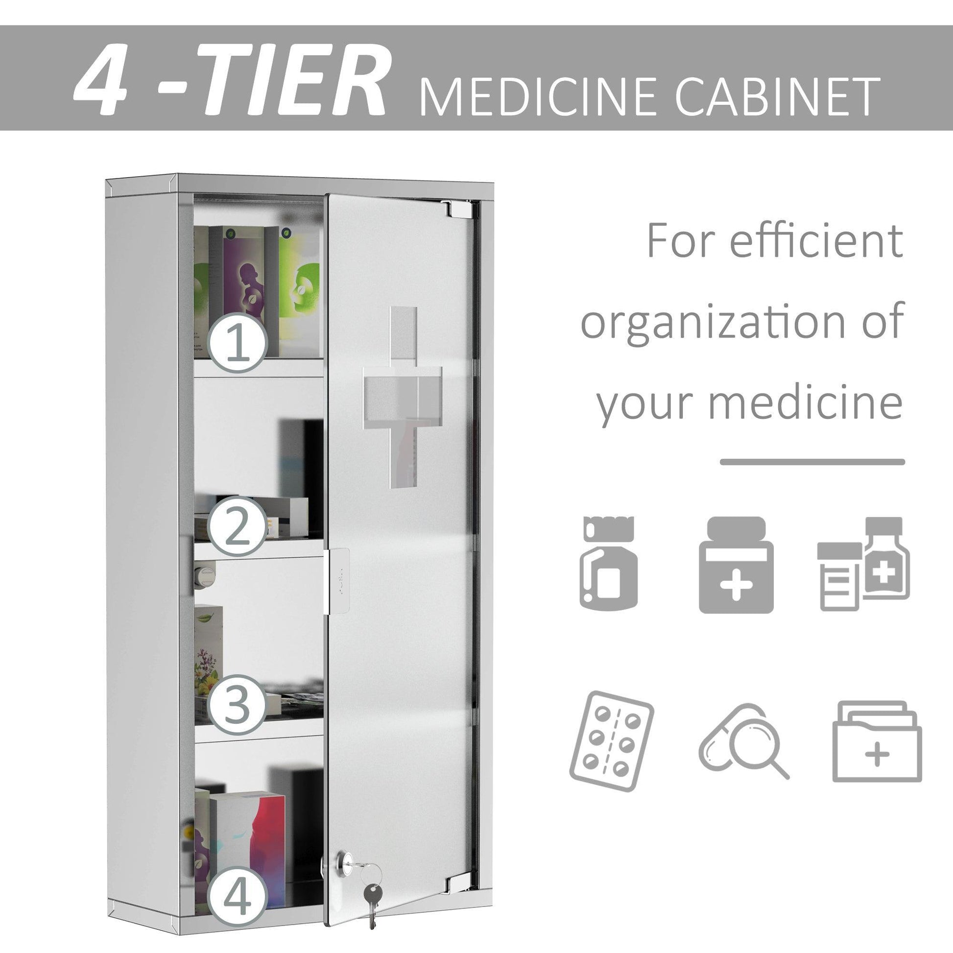 HOMCOM Stainless Steel Medicine Cabinet: Lockable & Glass Door - ALL4U RETAILER LTD