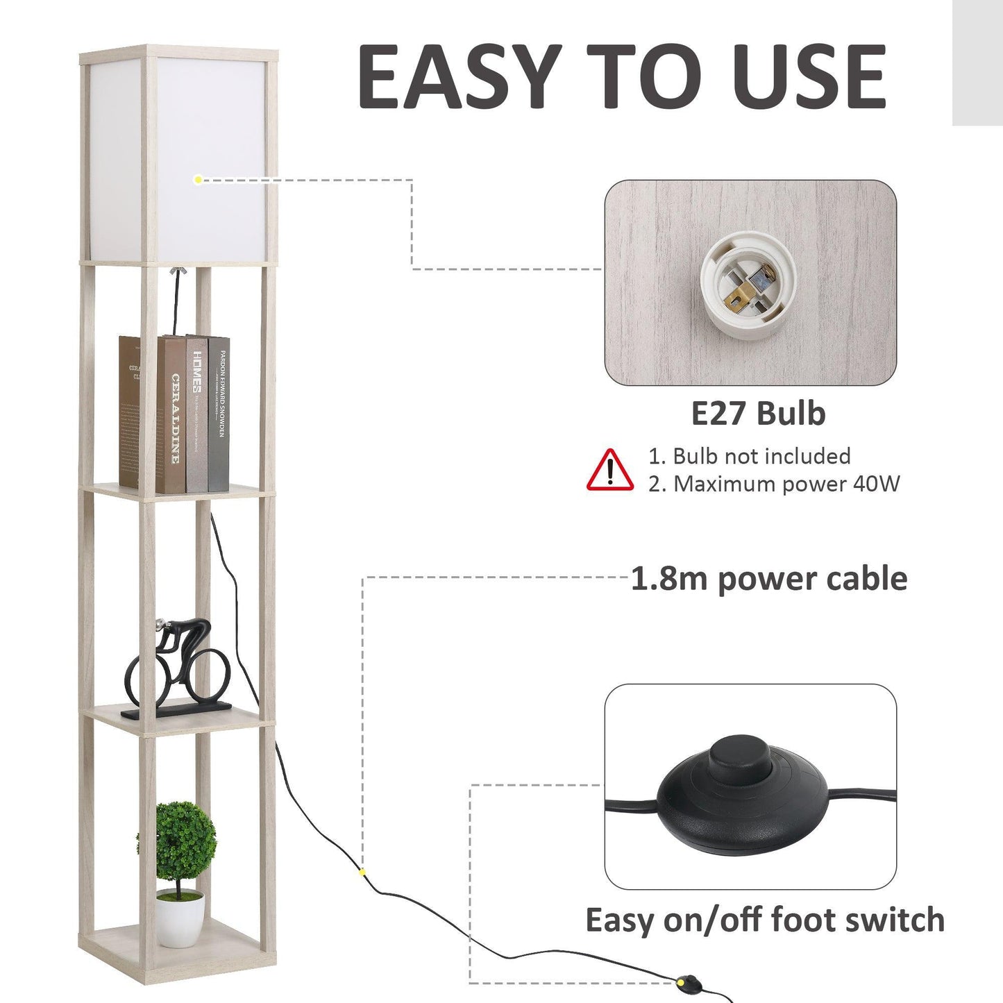 HOMCOM Standing Lamp: Oak Floor Light with Storage - ALL4U RETAILER LTD