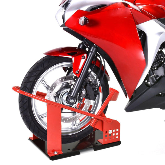 HOMCOM Steel Motorcycle Wheel Chock - Red, Freestanding - ALL4U RETAILER LTD