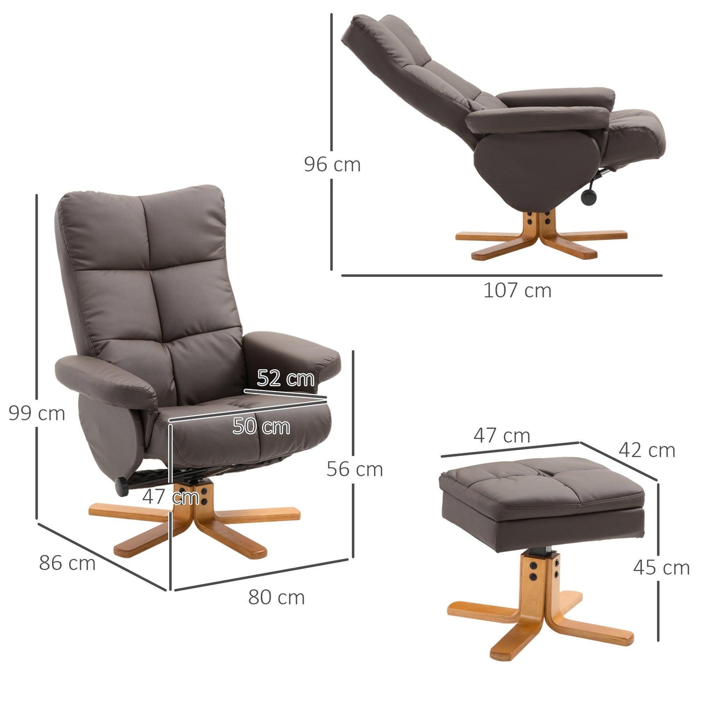 HOMCOM Swivel Recliner Chair & Footstool Set - Brown - ALL4U RETAILER LTD