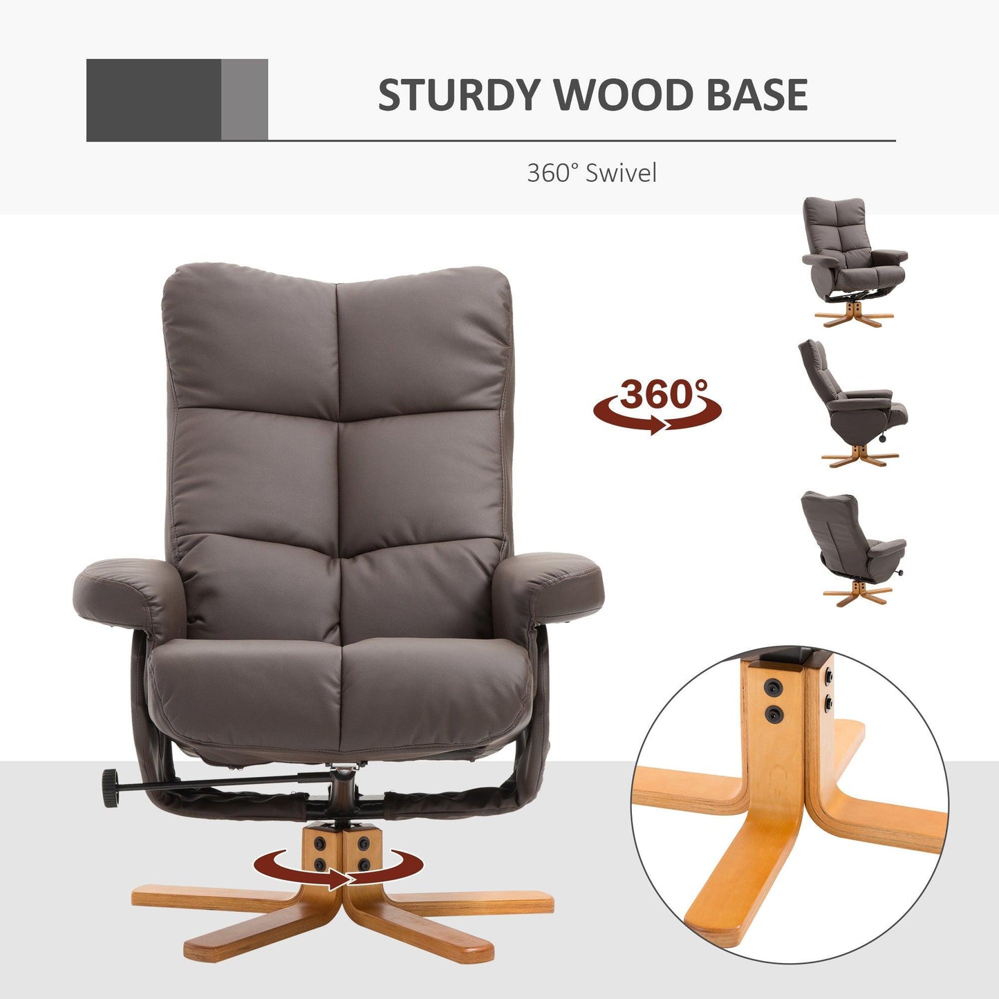 HOMCOM Swivel Recliner Chair & Footstool Set - Brown - ALL4U RETAILER LTD