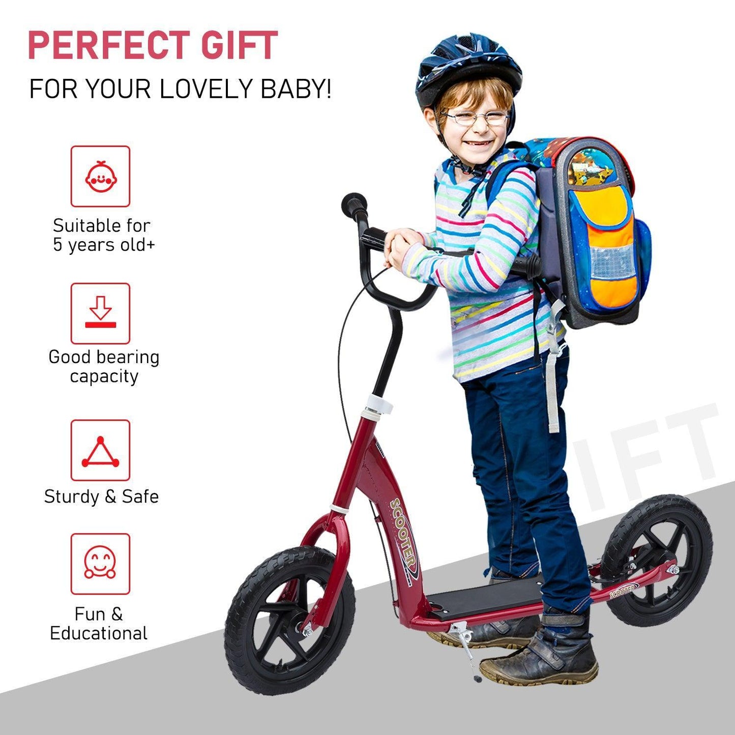 HOMCOM Teen Push Scooter with 12 Tyres, Red - ALL4U RETAILER LTD