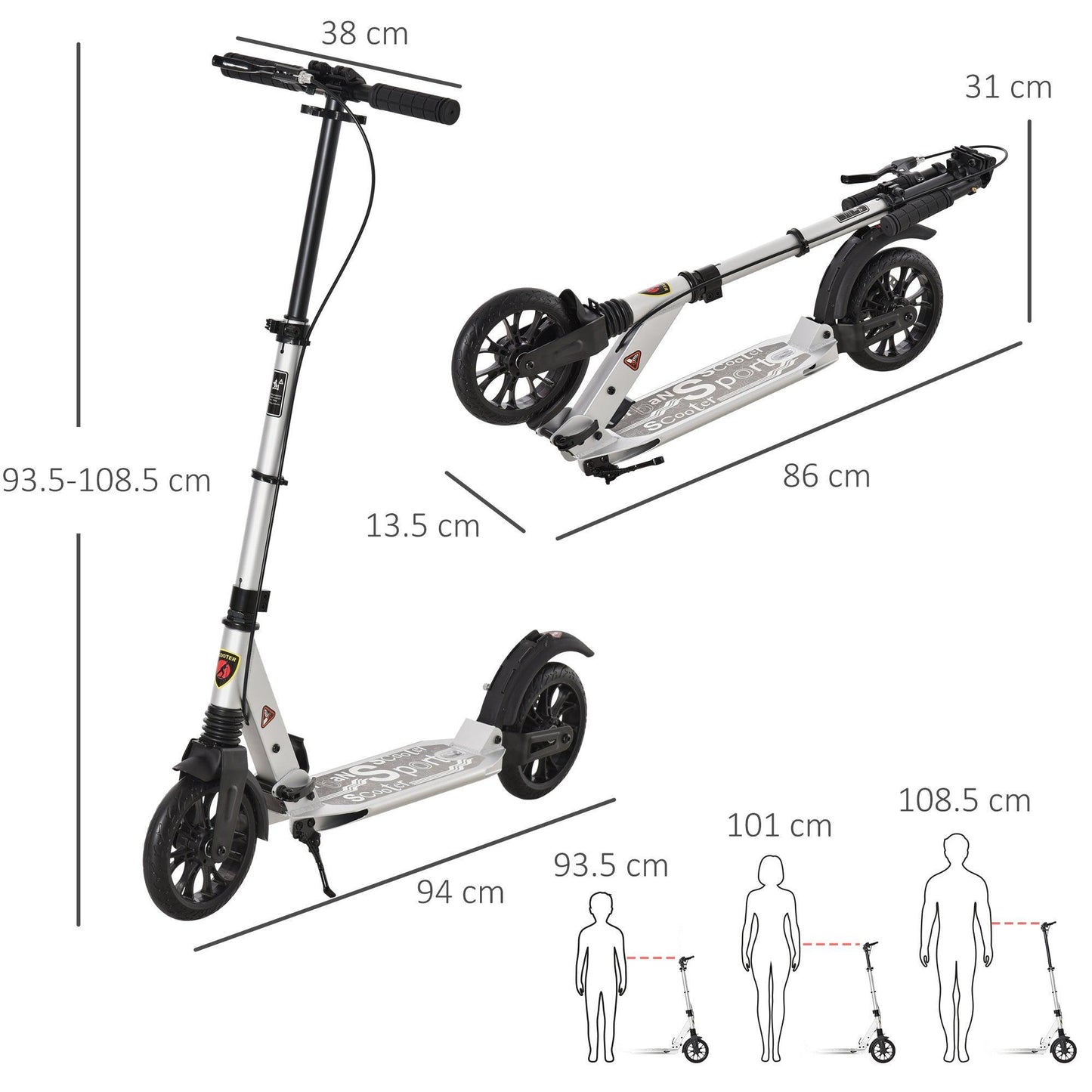 HOMCOM Teens Kick Scooter: Foldable & Adjustable, Silver - ALL4U RETAILER LTD