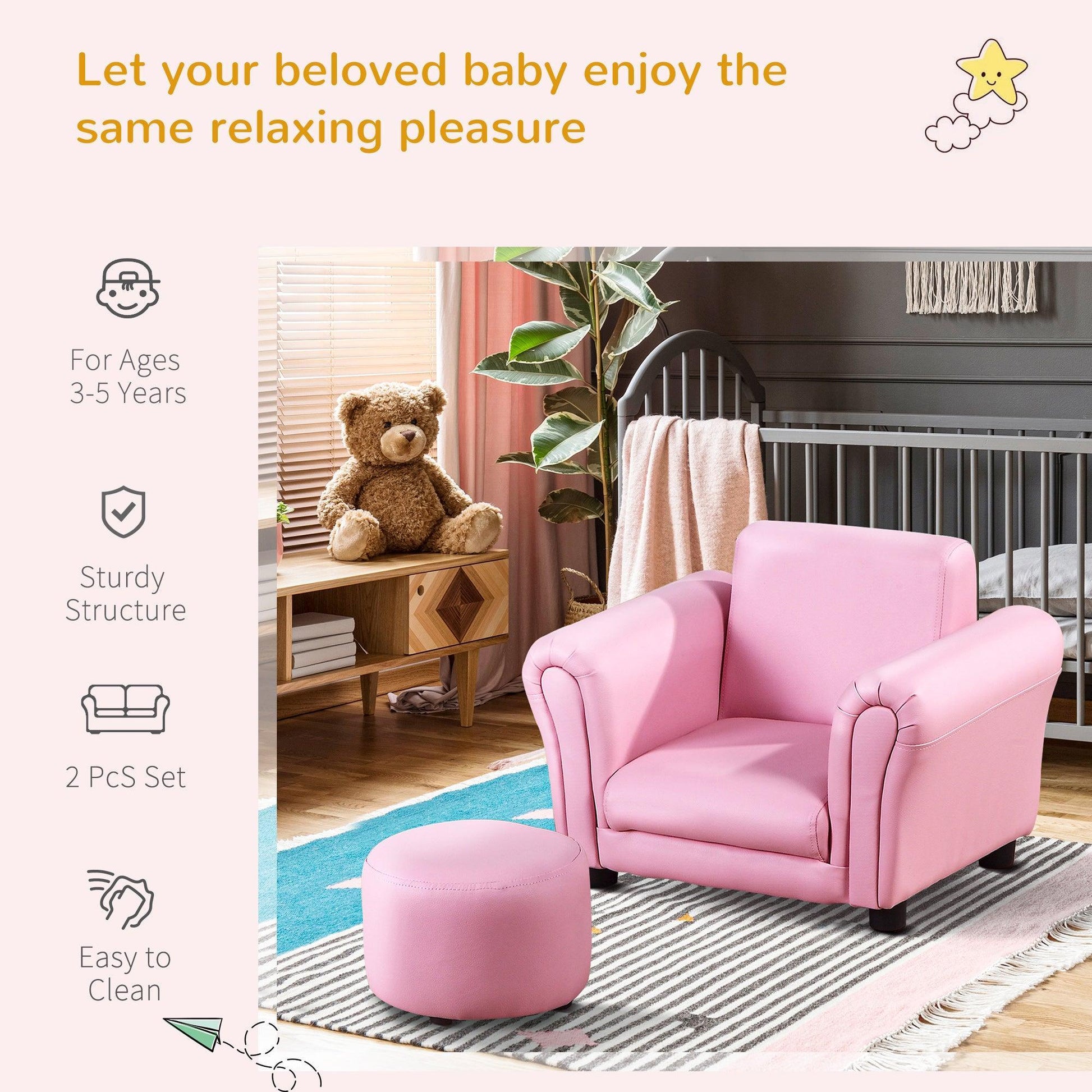 HOMCOM Toddler Seating Sofa Set with Free Footstool - Pink - ALL4U RETAILER LTD