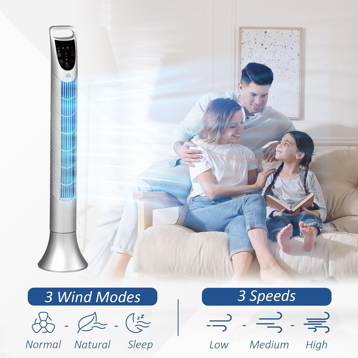 HOMCOM Tower Fan - 3 Speeds, 7.5h Timer, 70° Oscillation - ALL4U RETAILER LTD