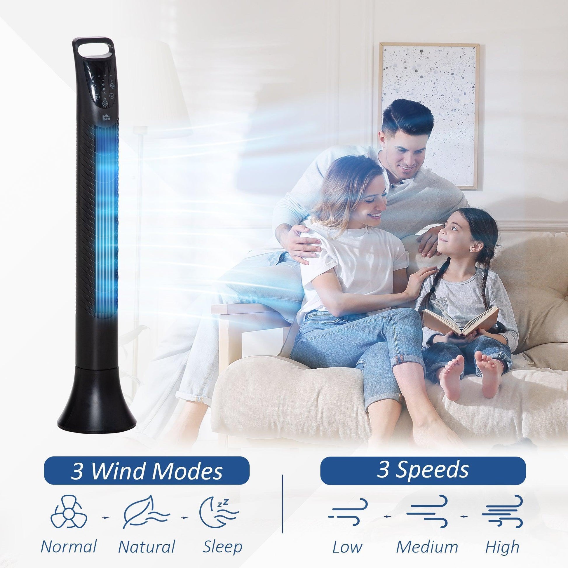 HOMCOM Tower Fan - 3 Speeds, 7.5h Timer, Remote Control - ALL4U RETAILER LTD