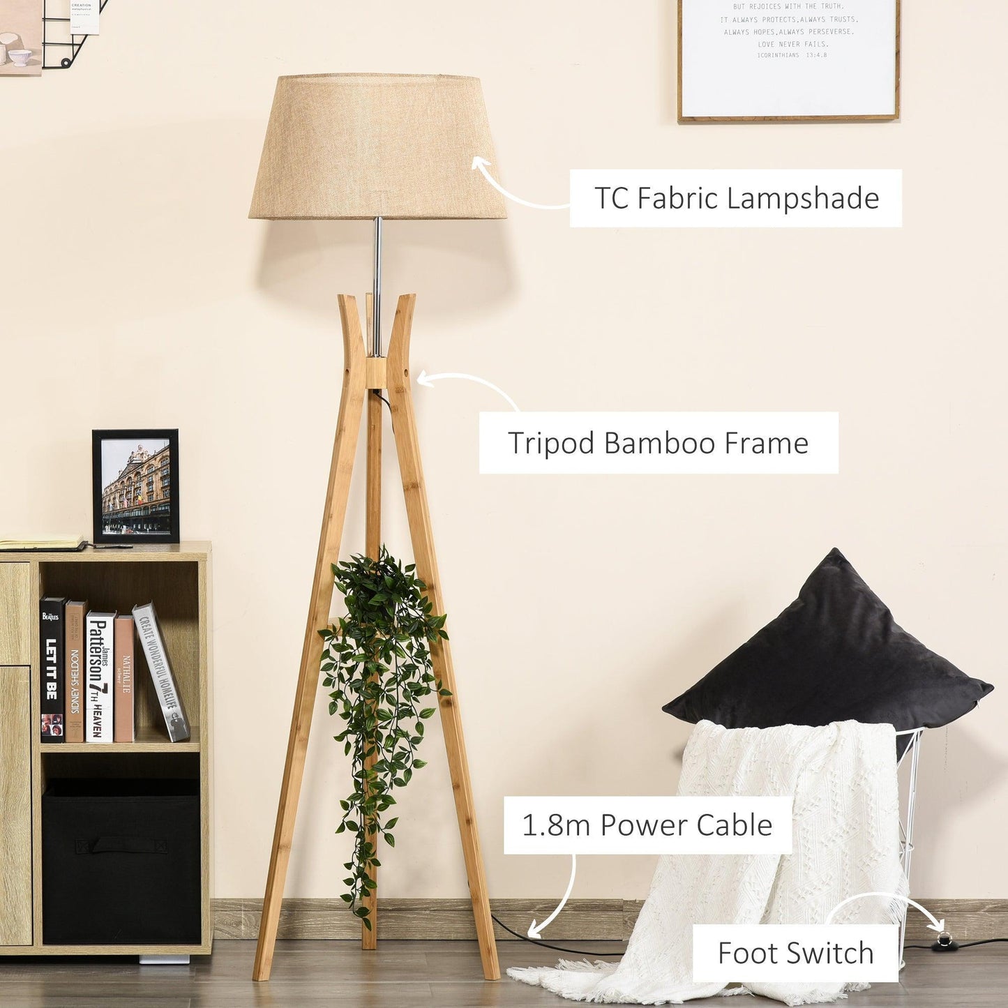 HOMCOM Tripod Floor Lamp: Elegant Wood Design - ALL4U RETAILER LTD