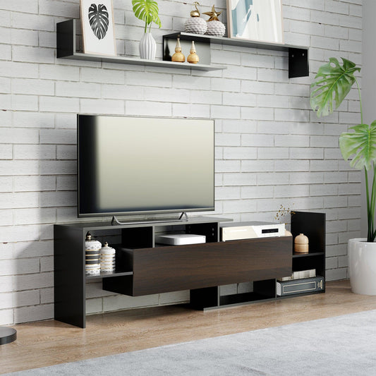 HOMCOM TV Cabinet with Wall Shelf, 65 TVs, Black & Brown - ALL4U RETAILER LTD