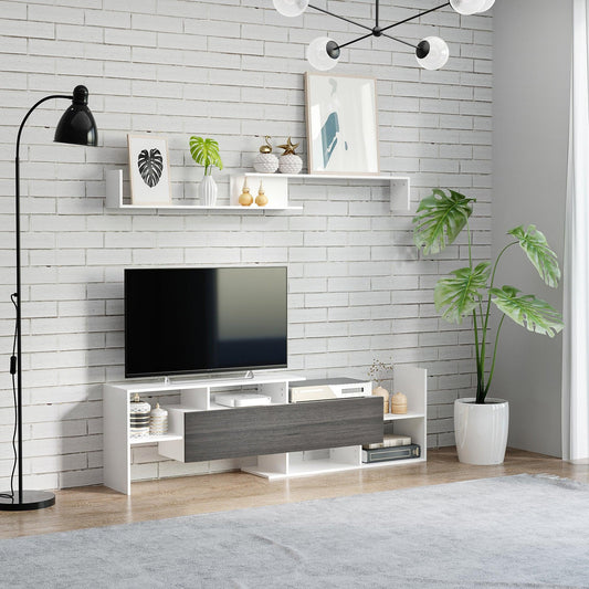 HOMCOM TV Stand Set with Storage & Shelf - White/Grey - ALL4U RETAILER LTD