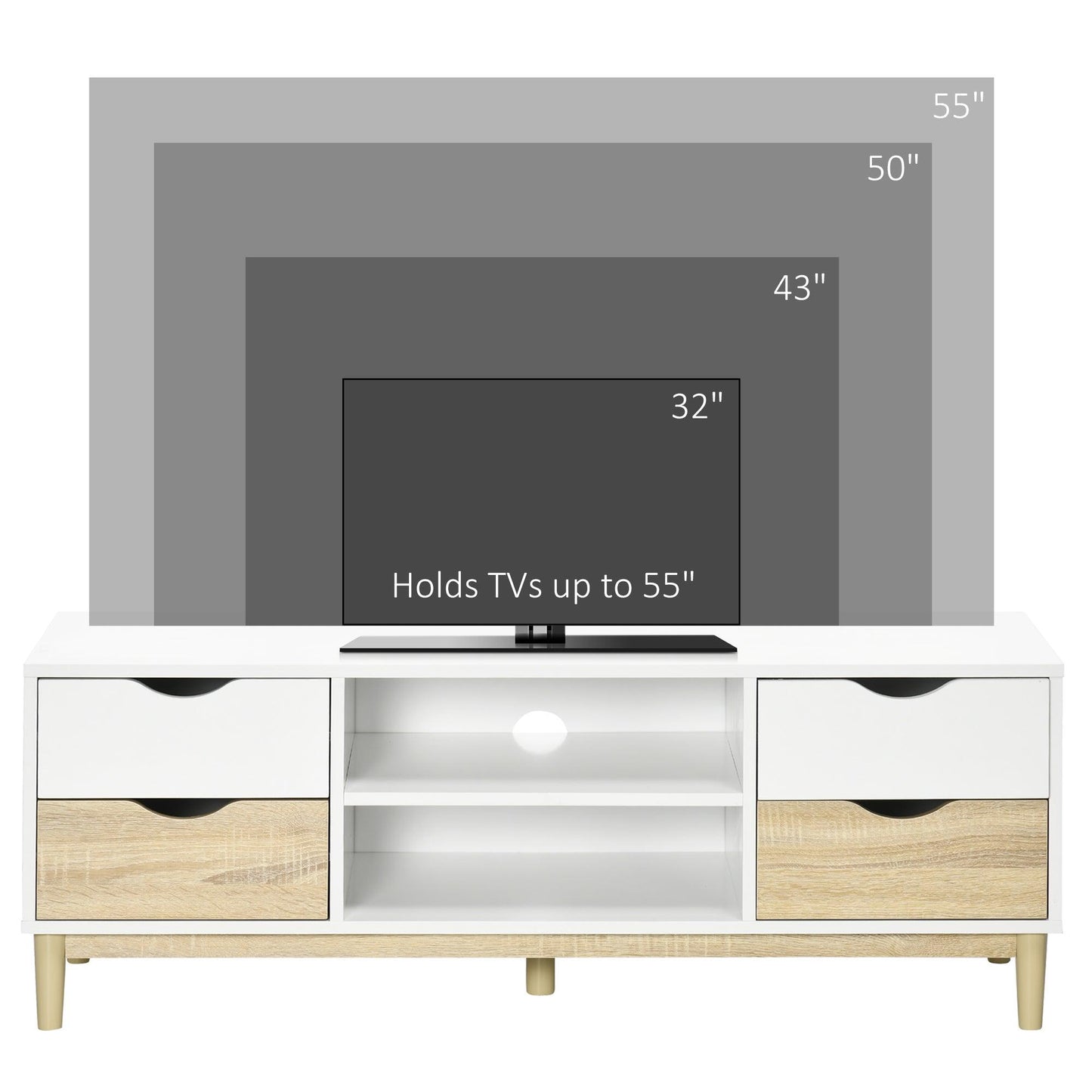 HOMCOM TV Stand: Sleek, Spacious, White/Natural (55) - ALL4U RETAILER LTD