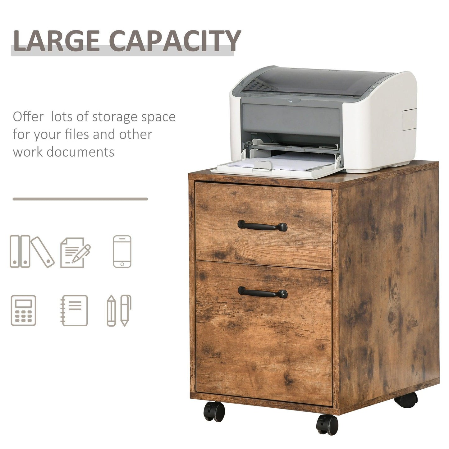 HOMCOM Under Desk Rolling File Cabinet - 2 Drawers - ALL4U RETAILER LTD