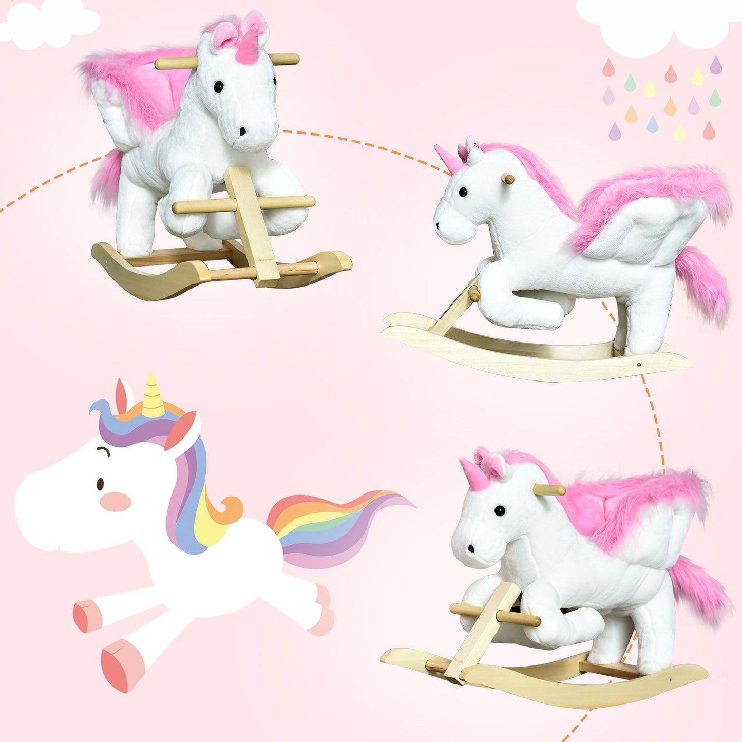 HOMCOM Unicorn Rocking Horse Plush Toy for Kids - Musical - ALL4U RETAILER LTD